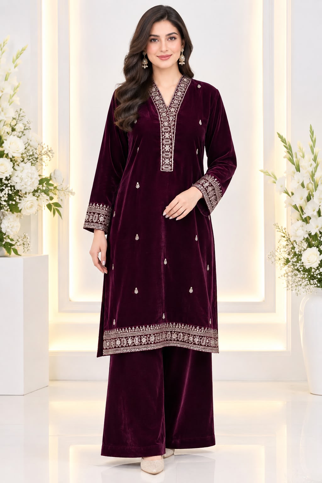 Ayesha Fabrics by Premium 11000 Micro Velvet Embroidered Shirt & Bell-Bottom Trouser Set D-03