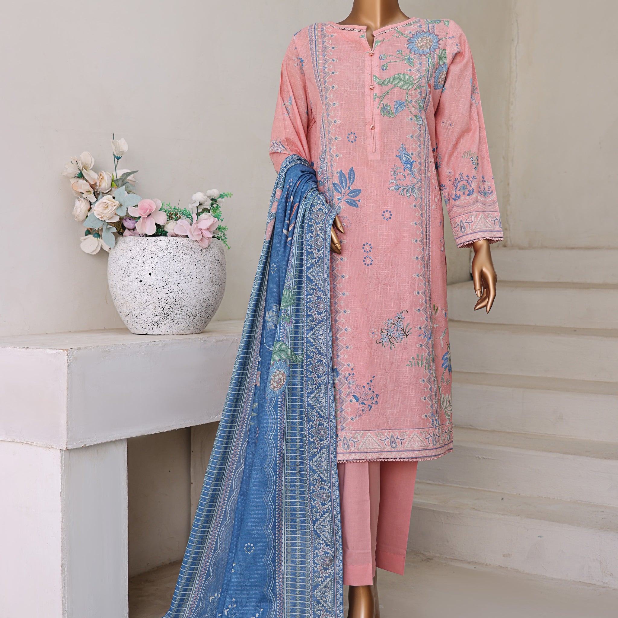 HZ Textile Unstitch Pre-winter Cross Slub with Cotton Printed Shirt Karandi lawn Printed Dupatta Collection 2025 D-03