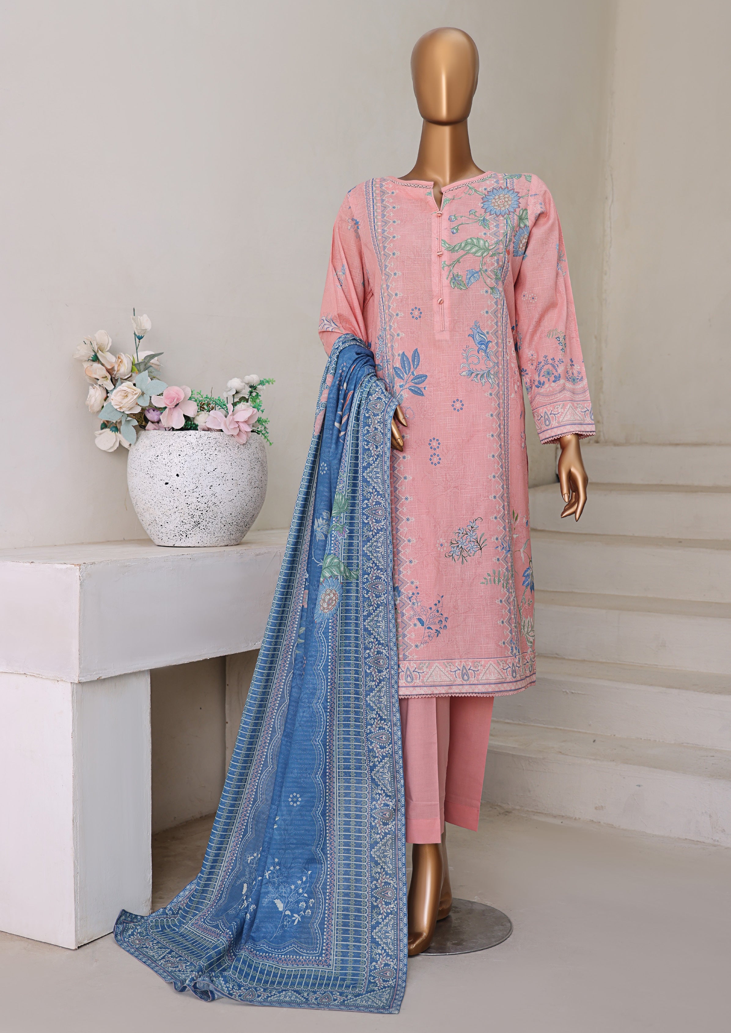 HZ Textile Unstitch Pre-winter Cross Slub with Cotton Printed Shirt Karandi lawn Printed Dupatta Collection 2025 D-03