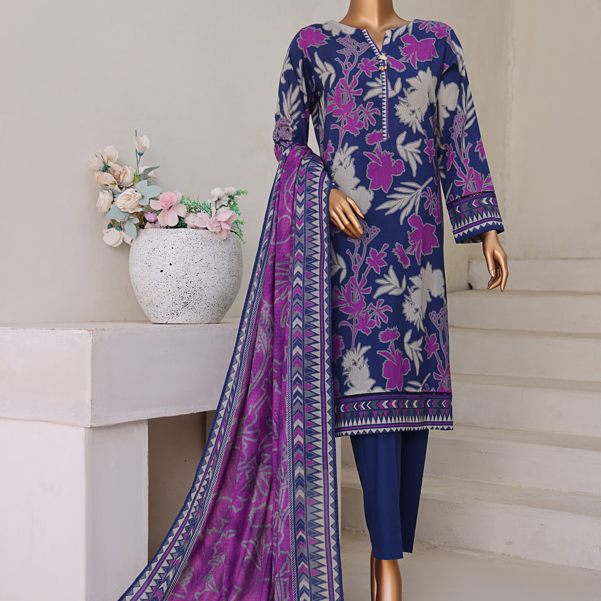 HZ Textile Unstitch Pre-winter Cross Slub with Cotton Printed Shirt Karandi lawn Printed Dupatta Collection 2025 D-04