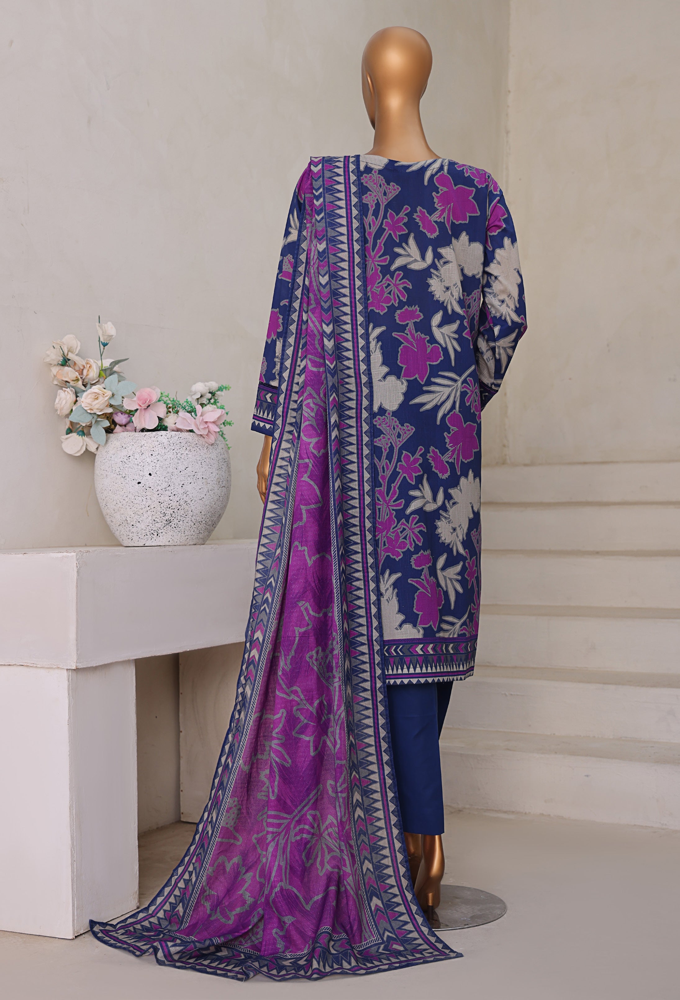 HZ Textile Unstitch Pre-winter Cross Slub with Cotton Printed Shirt Karandi lawn Printed Dupatta Collection 2025 D-04