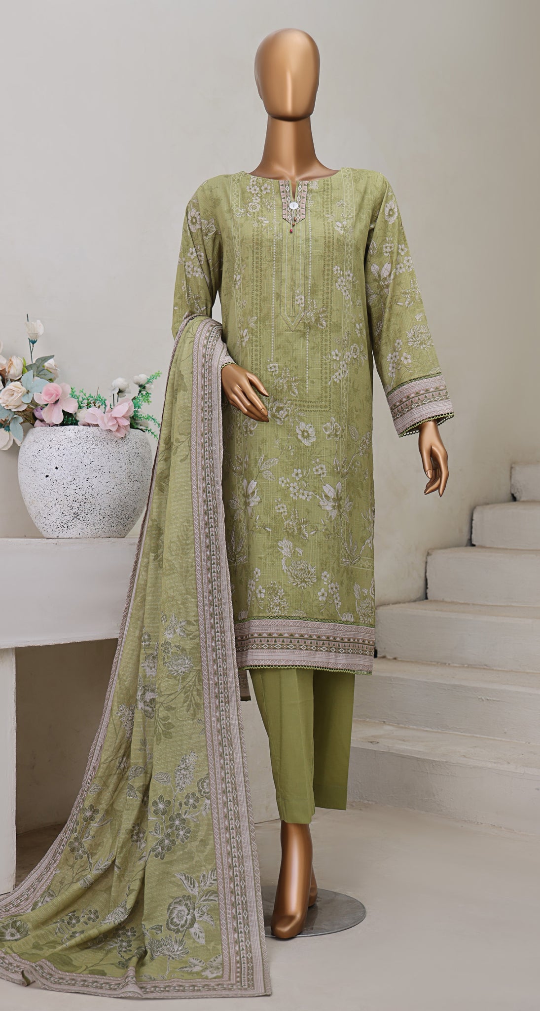 HZ Textile Unstitch Pre-winter Cross Slub with Cotton Printed Shirt Karandi lawn Printed Dupatta Collection 2025 D-05
