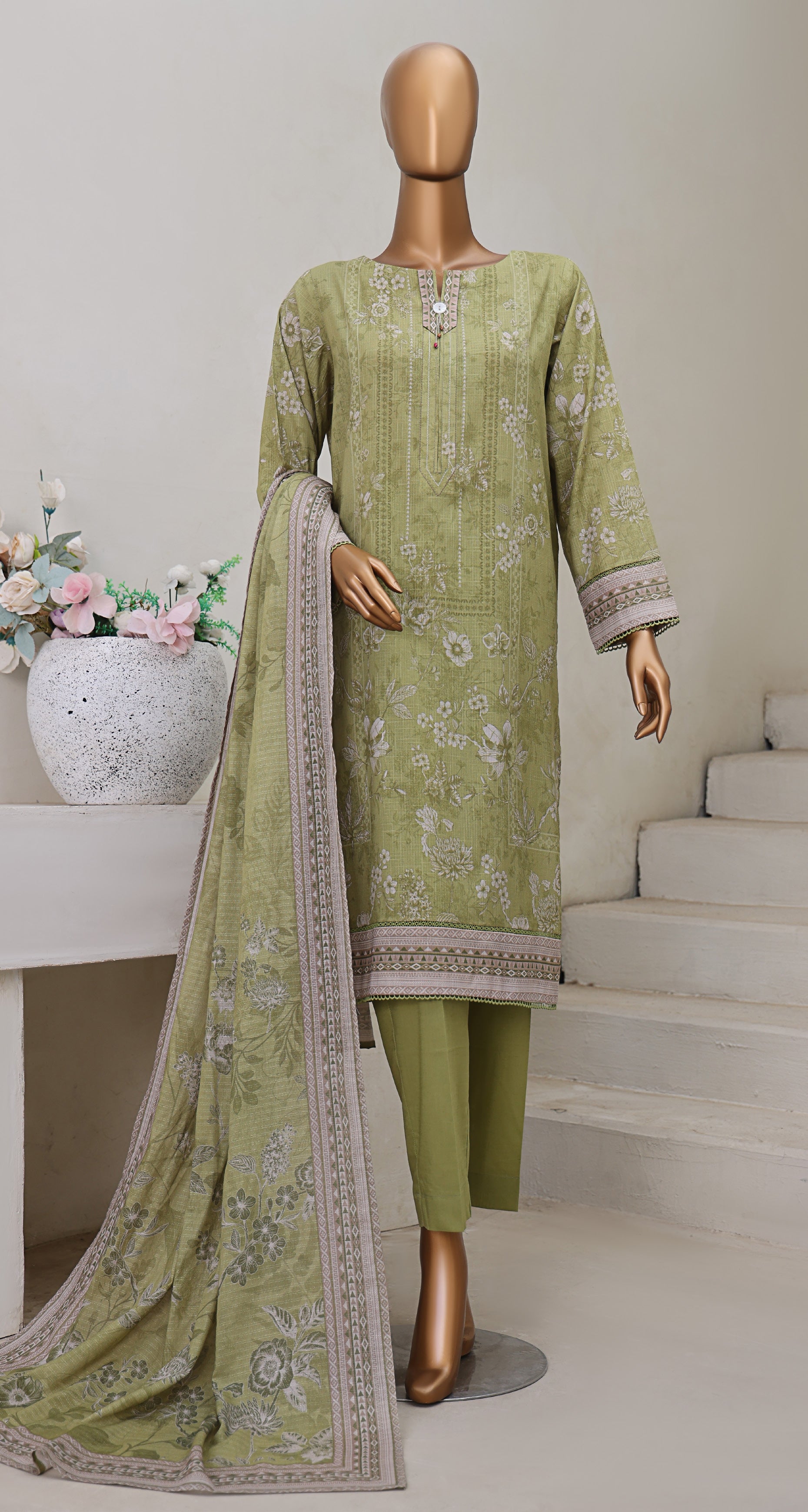 HZ Textile Unstitch Pre-winter Cross Slub with Cotton Printed Shirt Karandi lawn Printed Dupatta Collection 2025 D-05