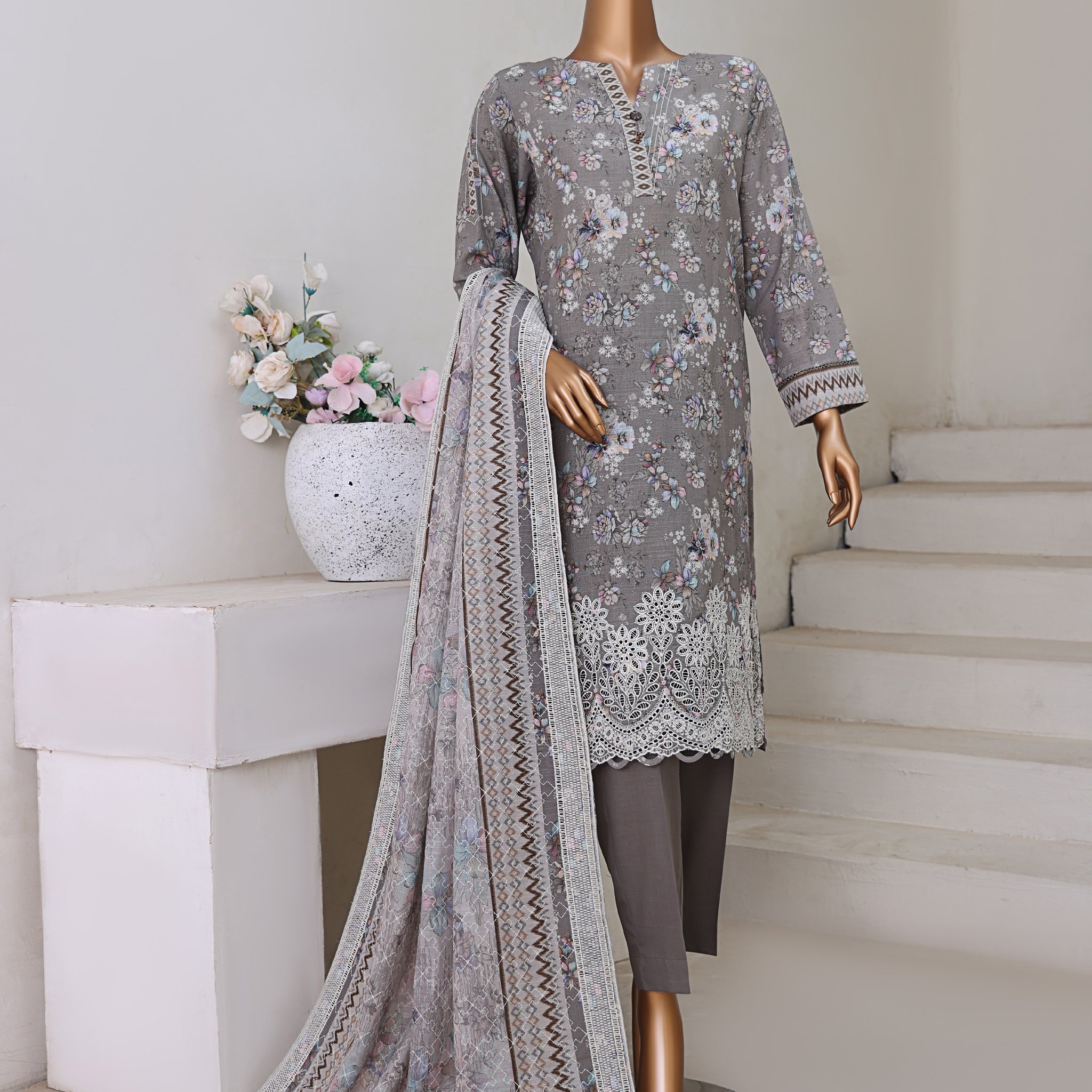HZ Textile UNSTITCH Khadder Embroidered Chikankari With Émbroidered Khadder Dupatta 3Piece Unstitched Collection _2025 D-05