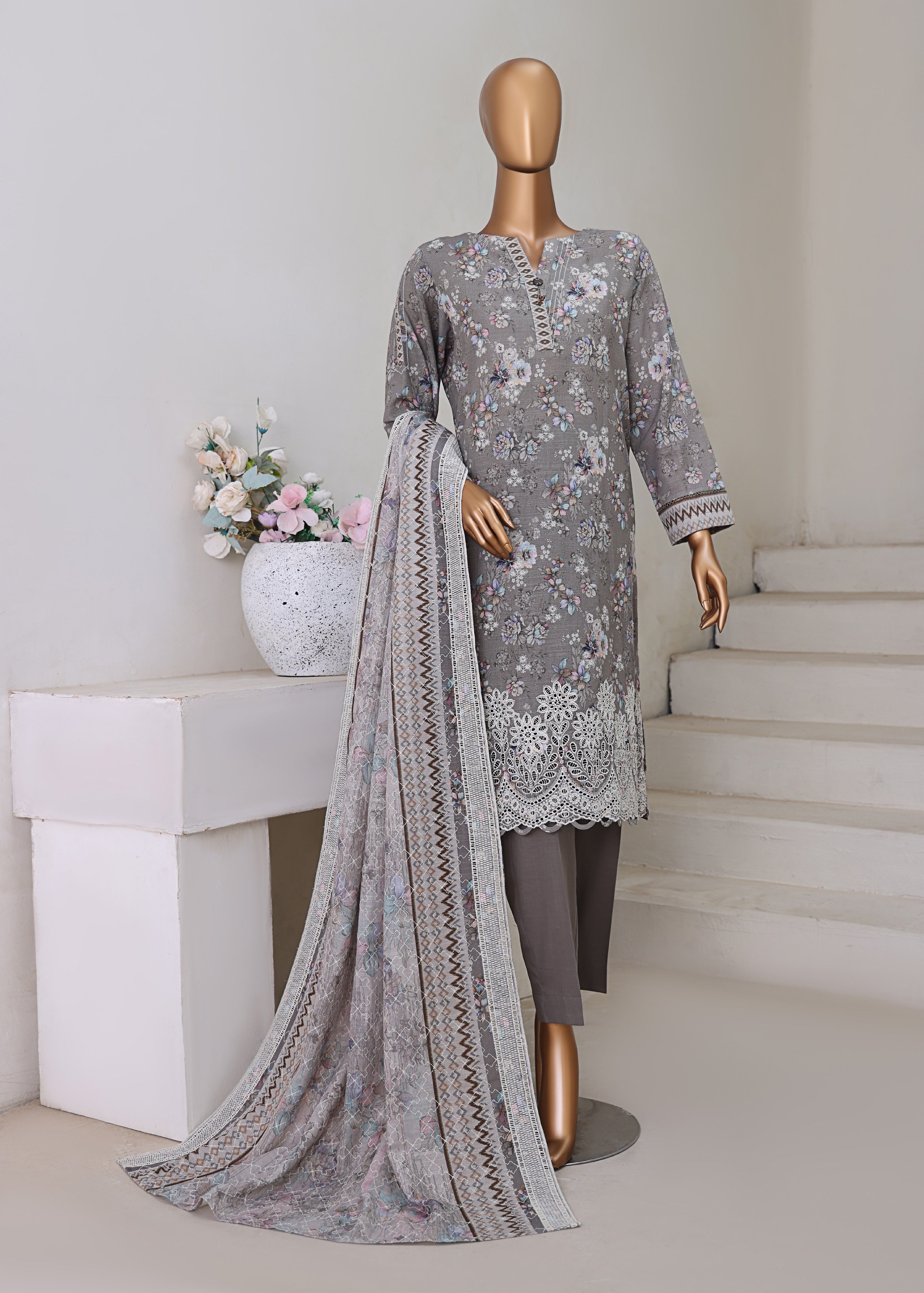 HZ Textile UNSTITCH Khadder Embroidered Chikankari With Embroidered Khadder Dupatta 3Piece Unstitched Collection _2025 D-05