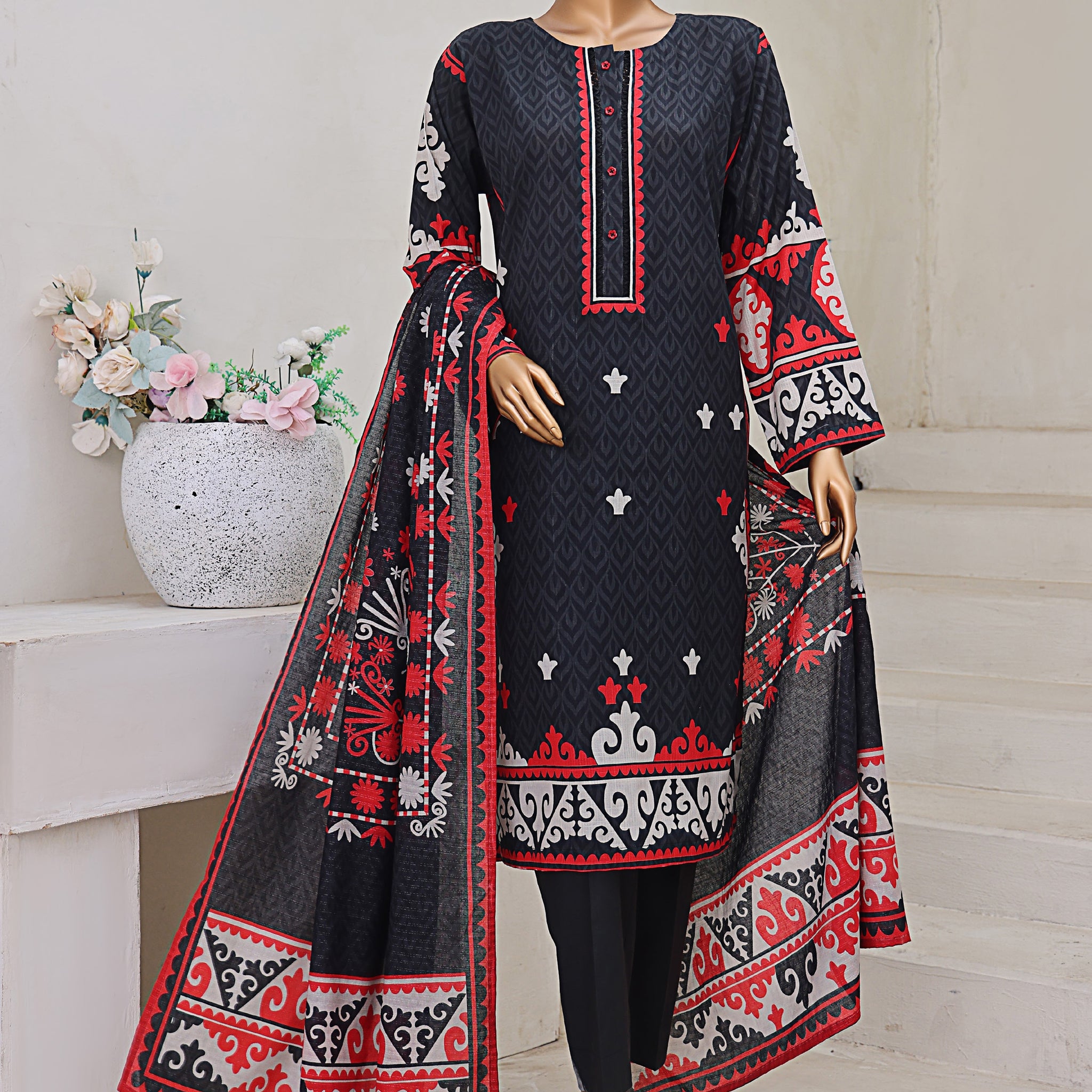 HZ Textile Unstitch Pre-winter Cross Slub with Cotton Printed Shirt Karandi lawn Printed Dupatta Collection 2025 D-06