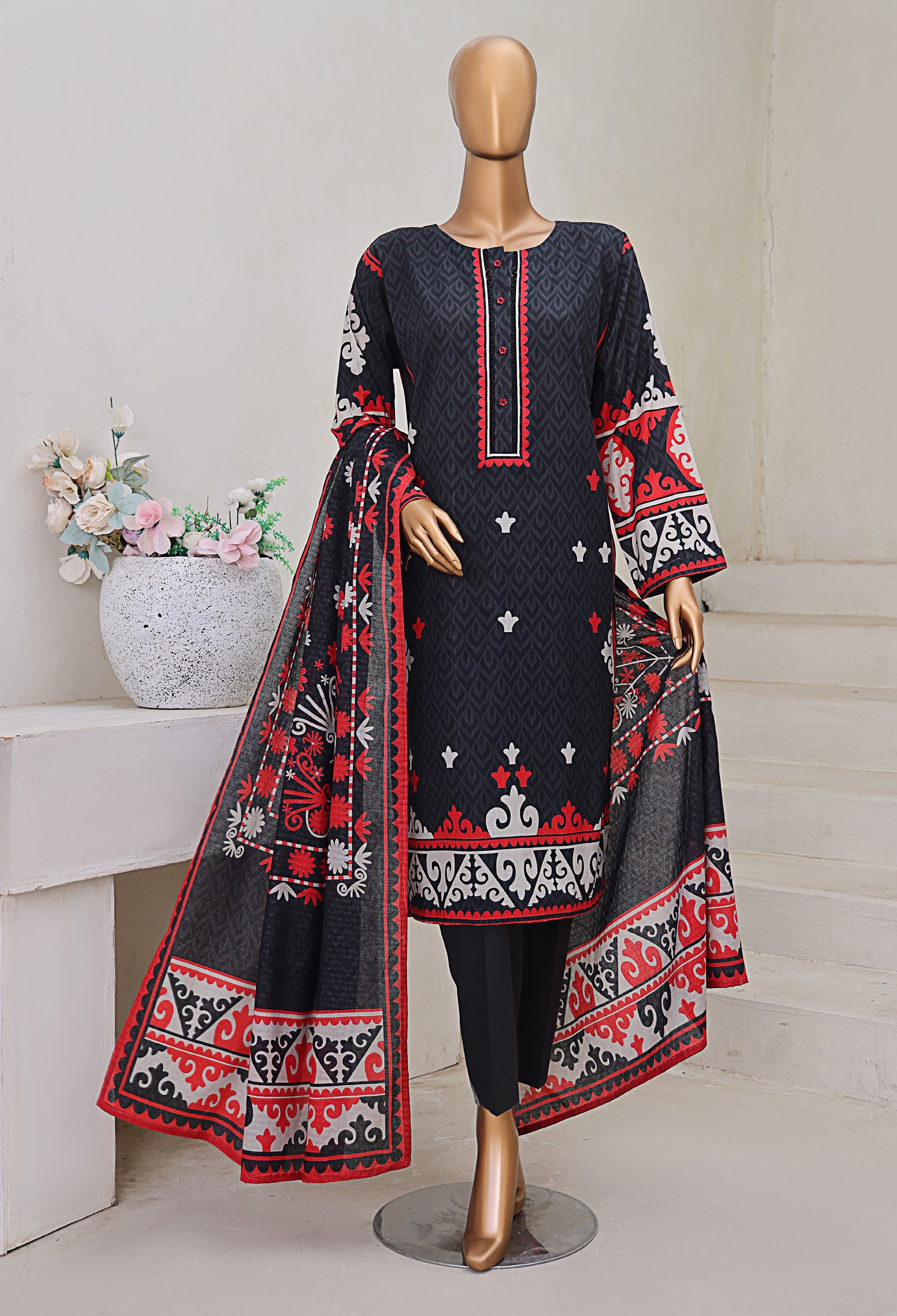 HZ Textile Unstitch Pre-winter Cross Slub with Cotton Printed Shirt Karandi lawn Printed Dupatta Collection 2025 D-06