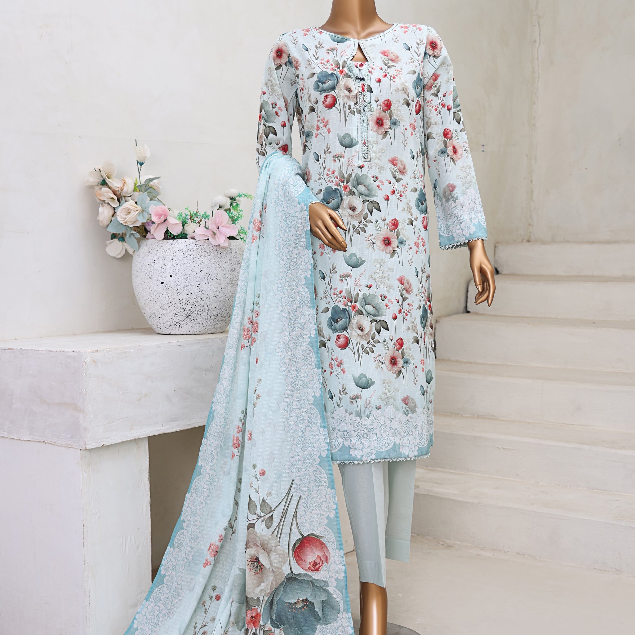 HZ Textile Unstitch Pre-winter Cross Slub with Cotton Printed Shirt Karandi lawn Printed Dupatta Collection 2025 D-07