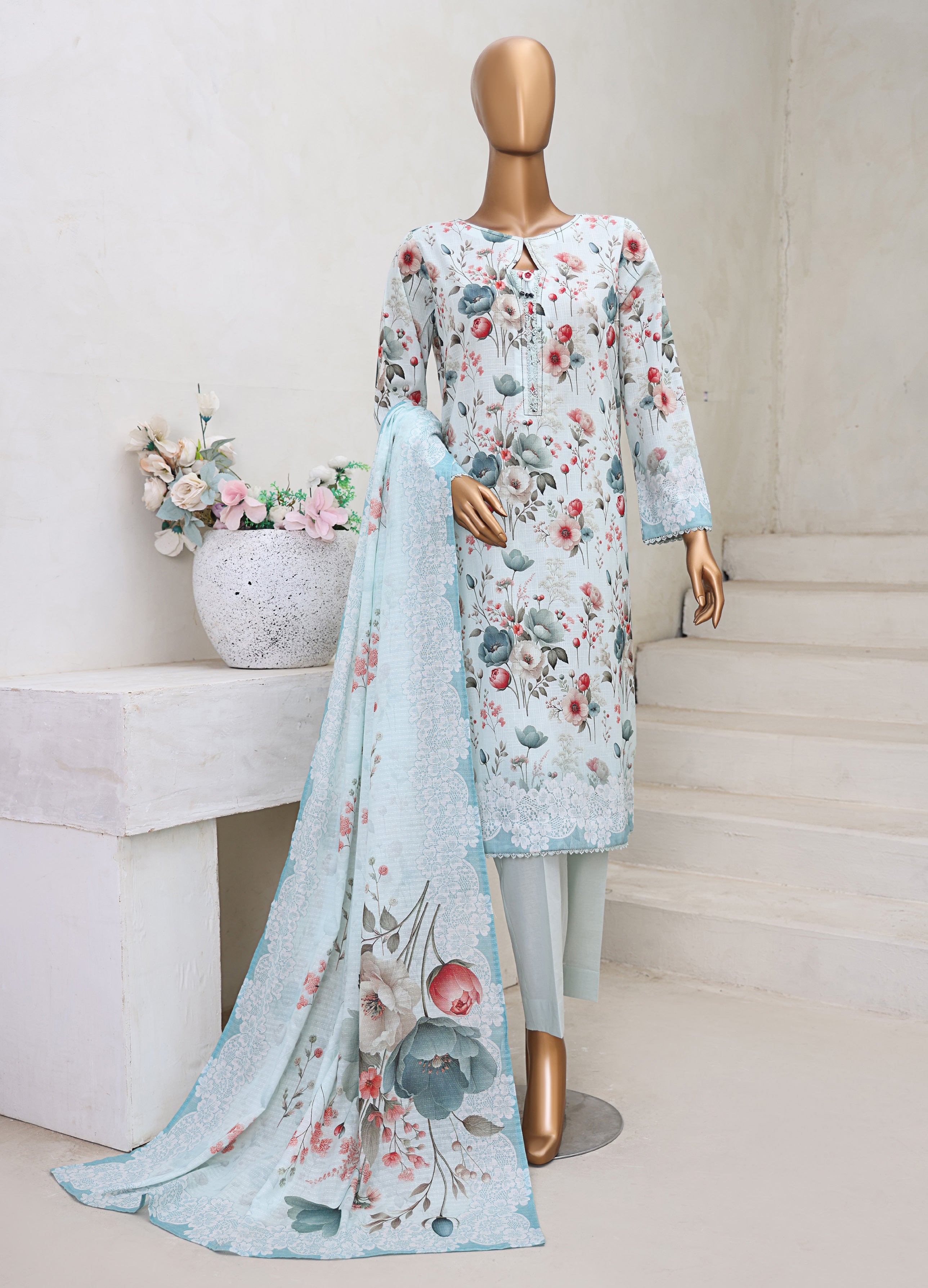 HZ Textile Unstitch Pre-winter Cross Slub with Cotton Printed Shirt Karandi lawn Printed Dupatta Collection 2025 D-07