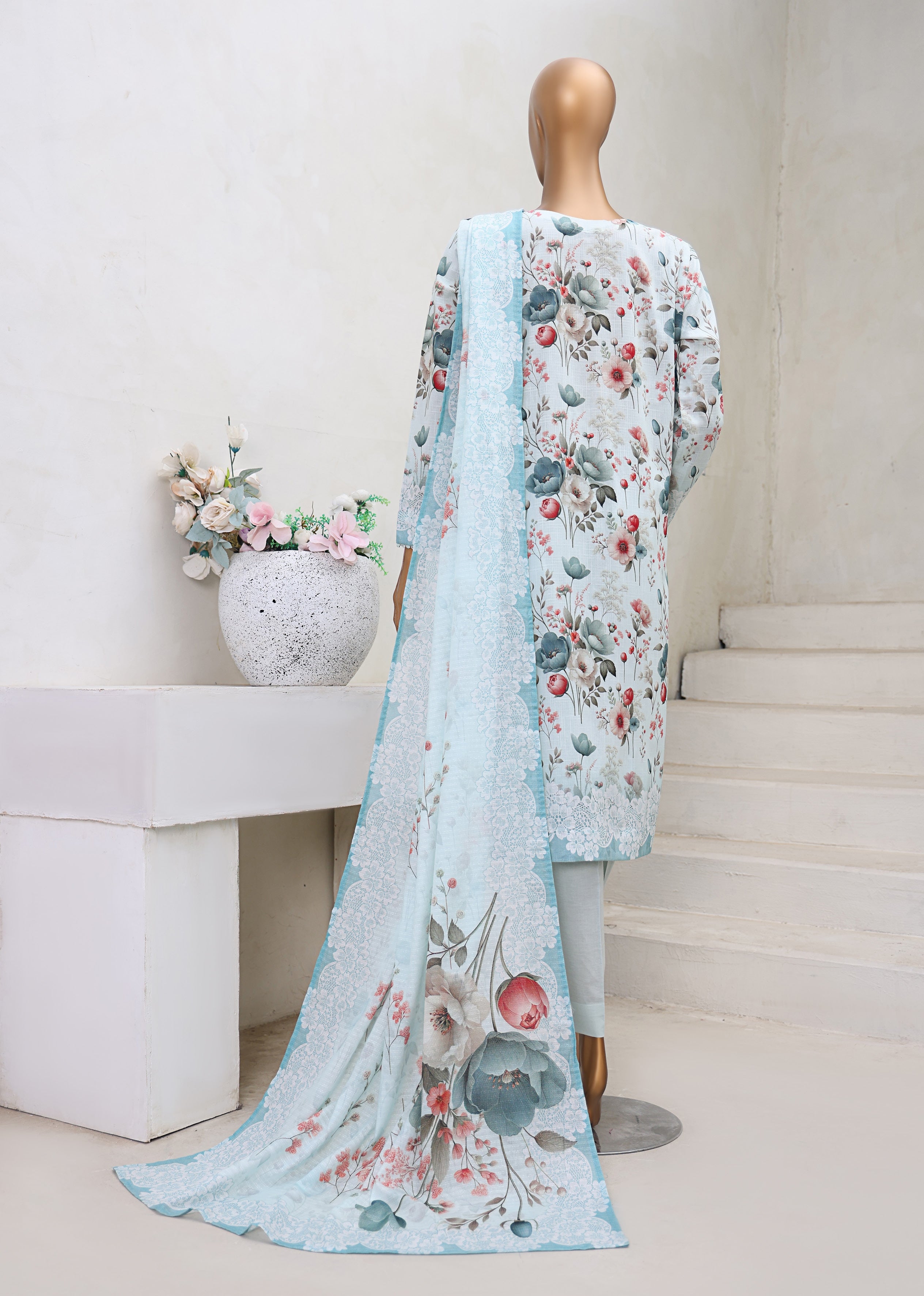 HZ Textile Unstitch Pre-winter Cross Slub with Cotton Printed Shirt Karandi lawn Printed Dupatta Collection 2025 D-07