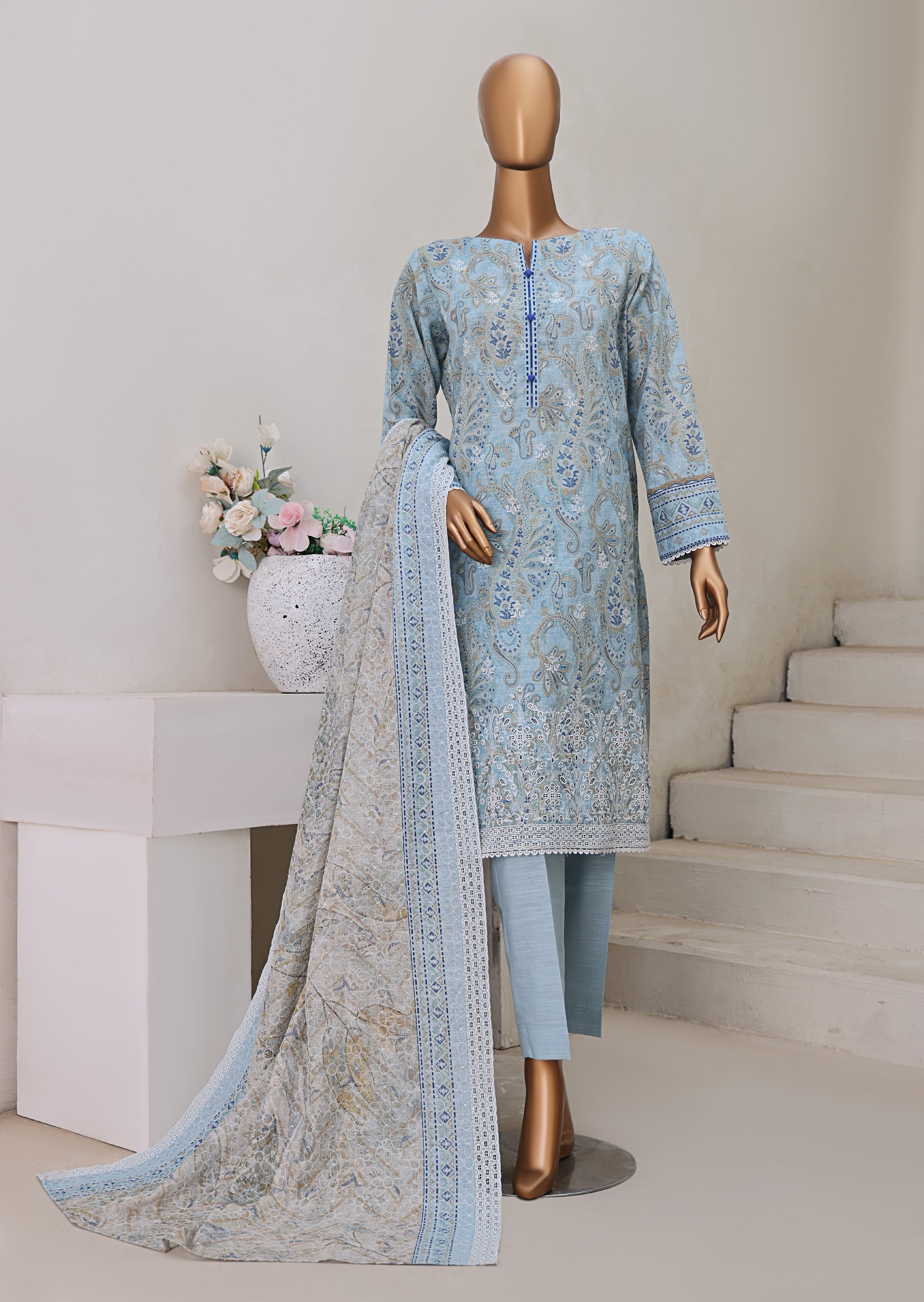 HZ Textile UNSTITCH Khadder Embroidered Chikankari With Émbroidered Khadder Dupatta 3Piece Unstitched Collection _2025 D-07