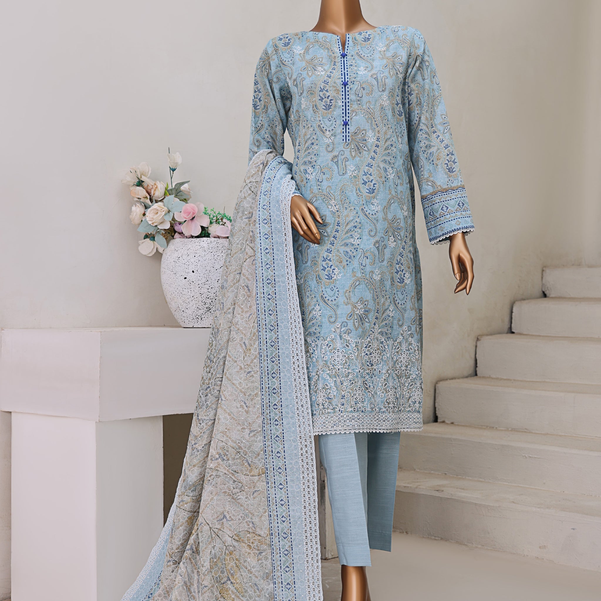 HZ Textile UNSTITCH Khadder Embroidered Chikankari With Embroidered Khadder Dupatta 3Piece Unstitched Collection _2025 D-07