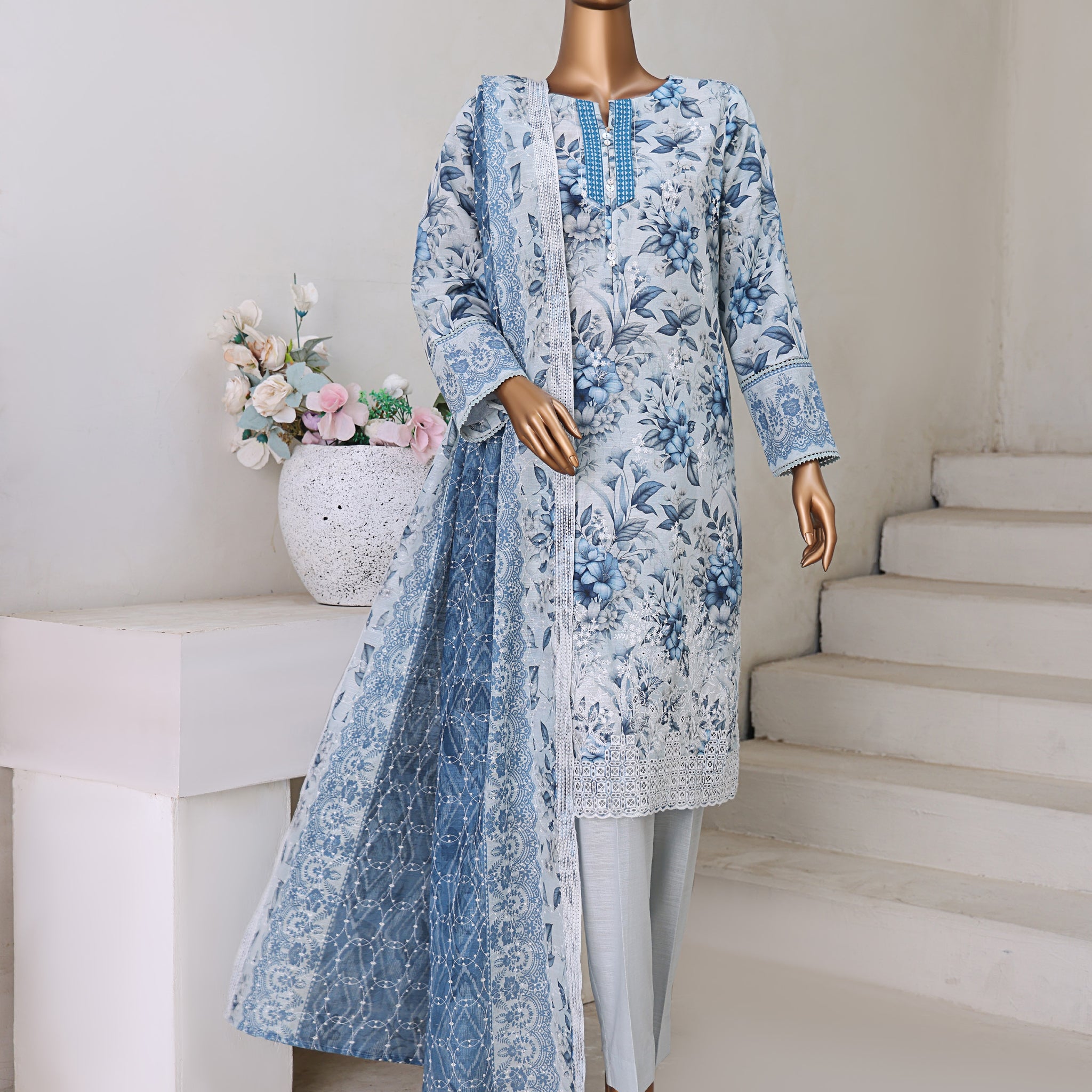 HZ Textile UNSTITCH Khadder Embroidered Chikankari With Embroidered Khadder Dupatta 3Piece Unstitched Collection _2025 D-01