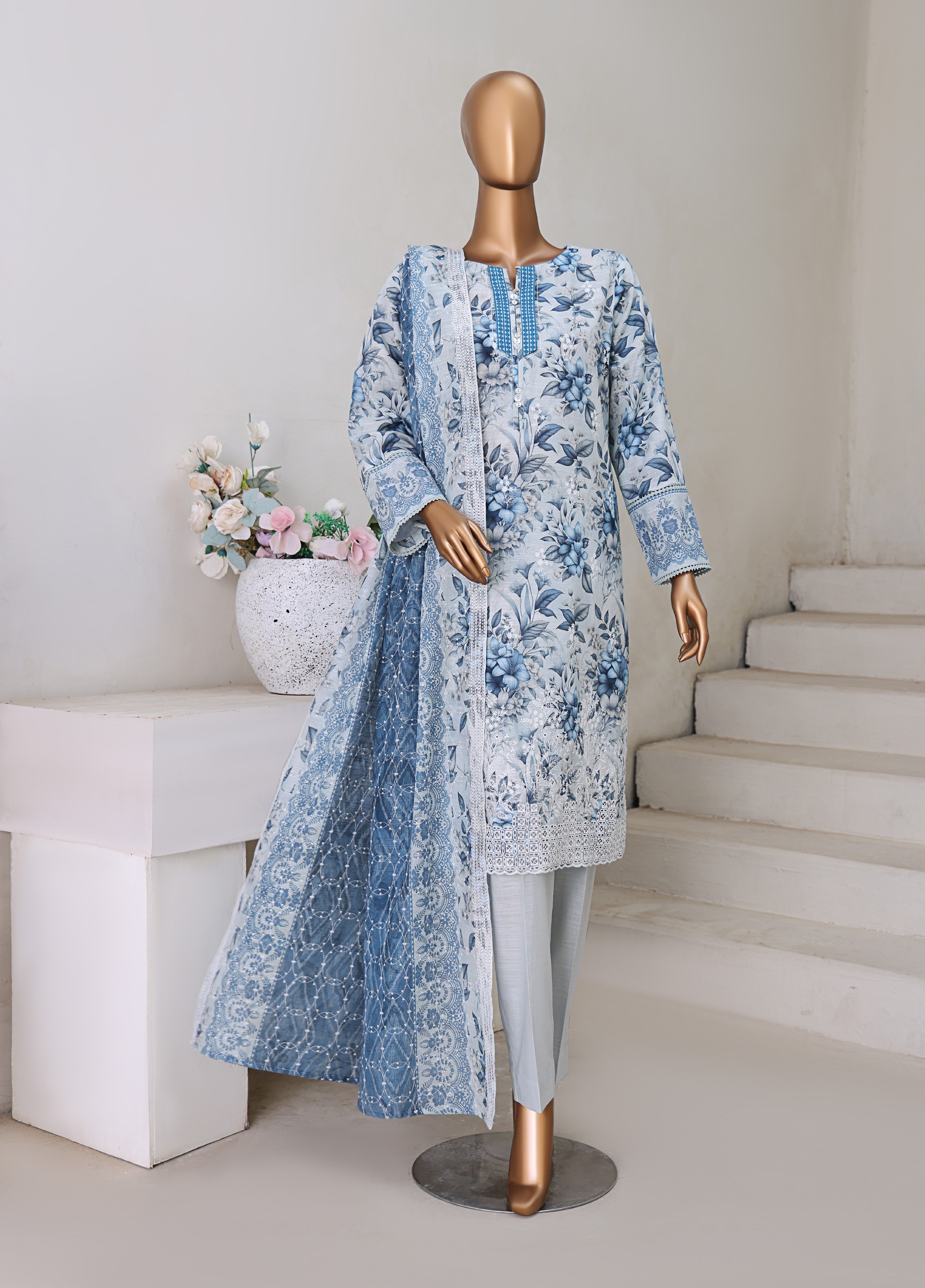 HZ Textile UNSTITCH Khadder Embroidered Chikankari With Émbroidered Khadder Dupatta 3Piece Unstitched Collection _2025 D-01