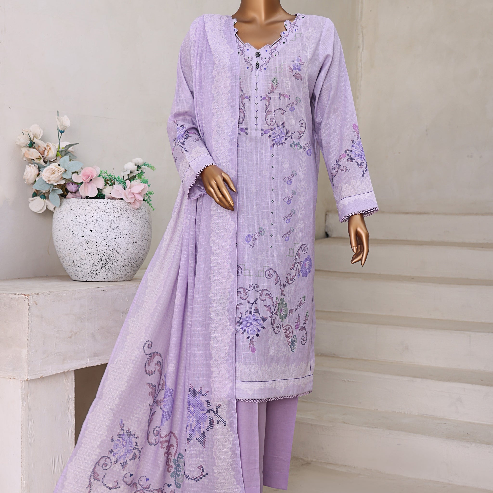 HZ Textile Unstitch Pre-winter Cross Slub with Cotton Printed Shirt Karandi lawn Printed Dupatta Collection 2025 D-01