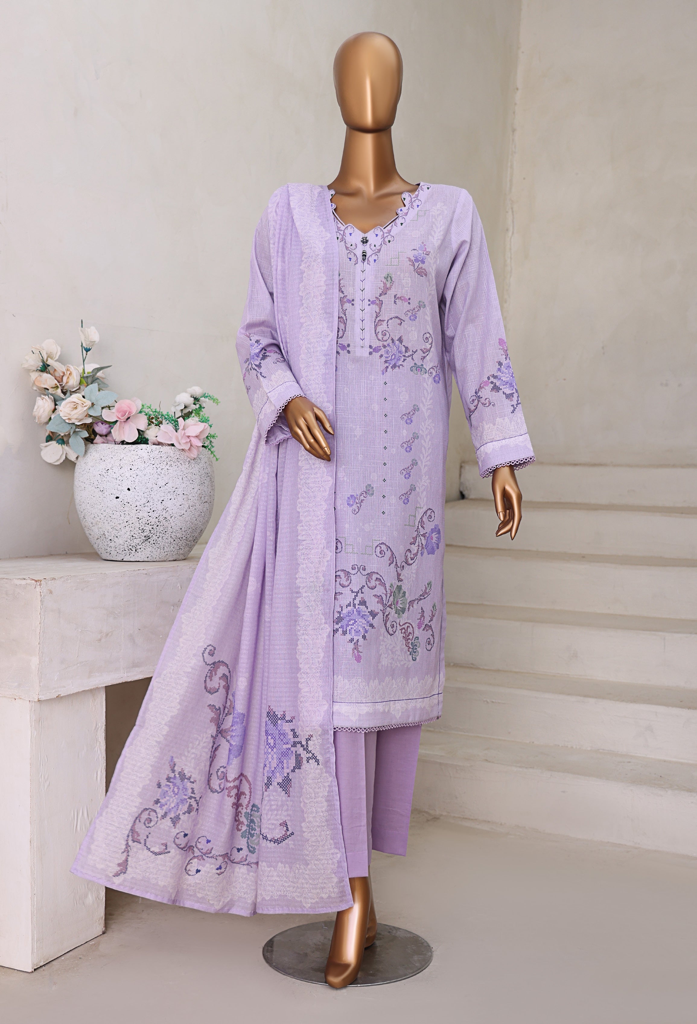 HZ Textile Unstitch Pre-winter Cross Slub with Cotton Printed Shirt Karandi lawn Printed Dupatta Collection 2025 D-01