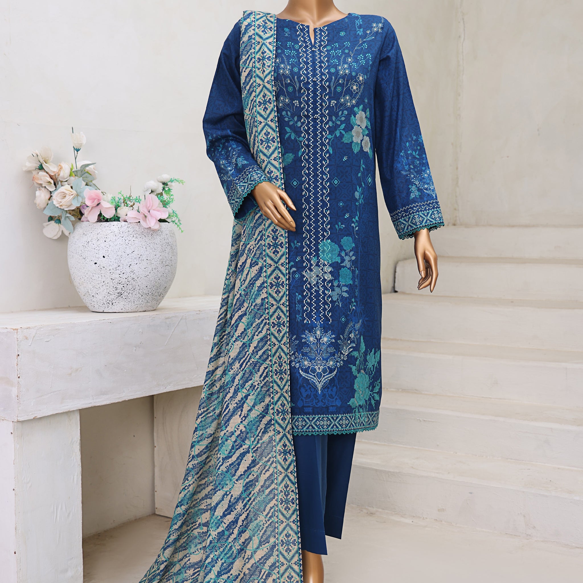 HZ Textile Unstitch Pre-winter Cross Slub with Cotton Printed Shirt Karandi lawn Printed Dupatta Collection 2025 D-08