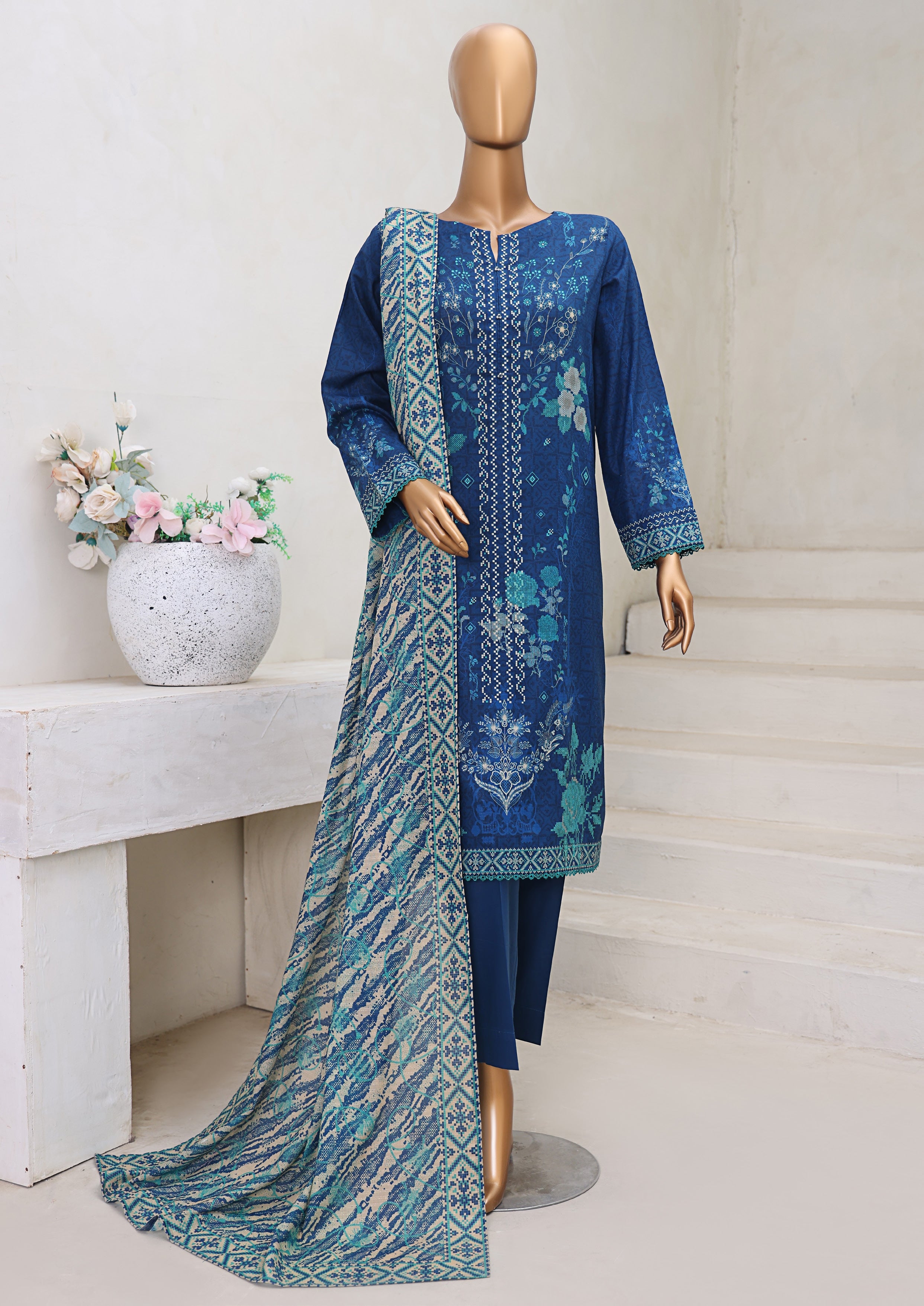HZ Textile Unstitch Pre-winter Cross Slub with Cotton Printed Shirt Karandi lawn Printed Dupatta Collection 2025 D-08