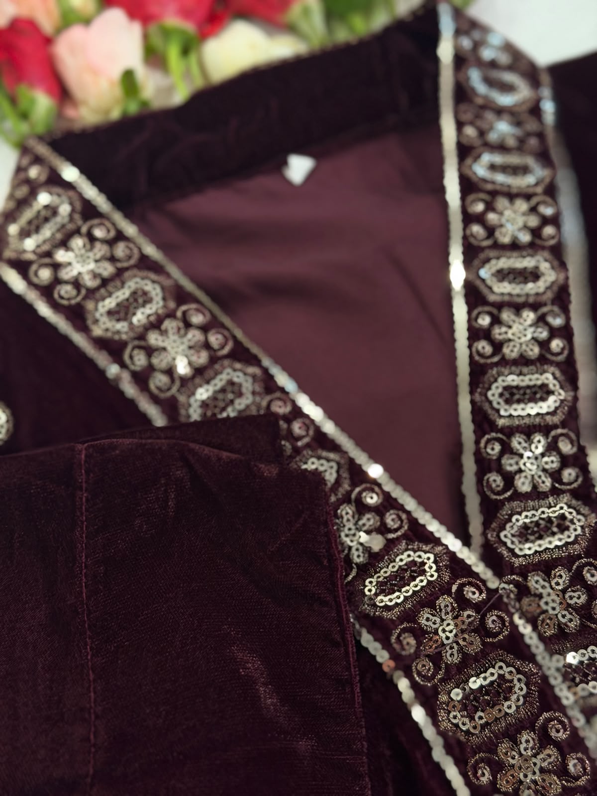 Ayesha Fabrics by Premium 11000 Micro Velvet Embroidered Shirt & Bell-Bottom Trouser Set D-03