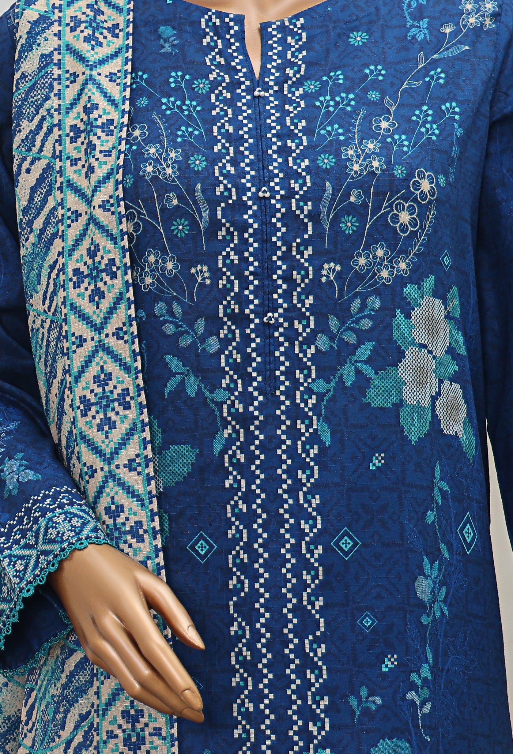 HZ Textile Unstitch Pre-winter Cross Slub with Cotton Printed Shirt Karandi lawn Printed Dupatta Collection 2025 D-08