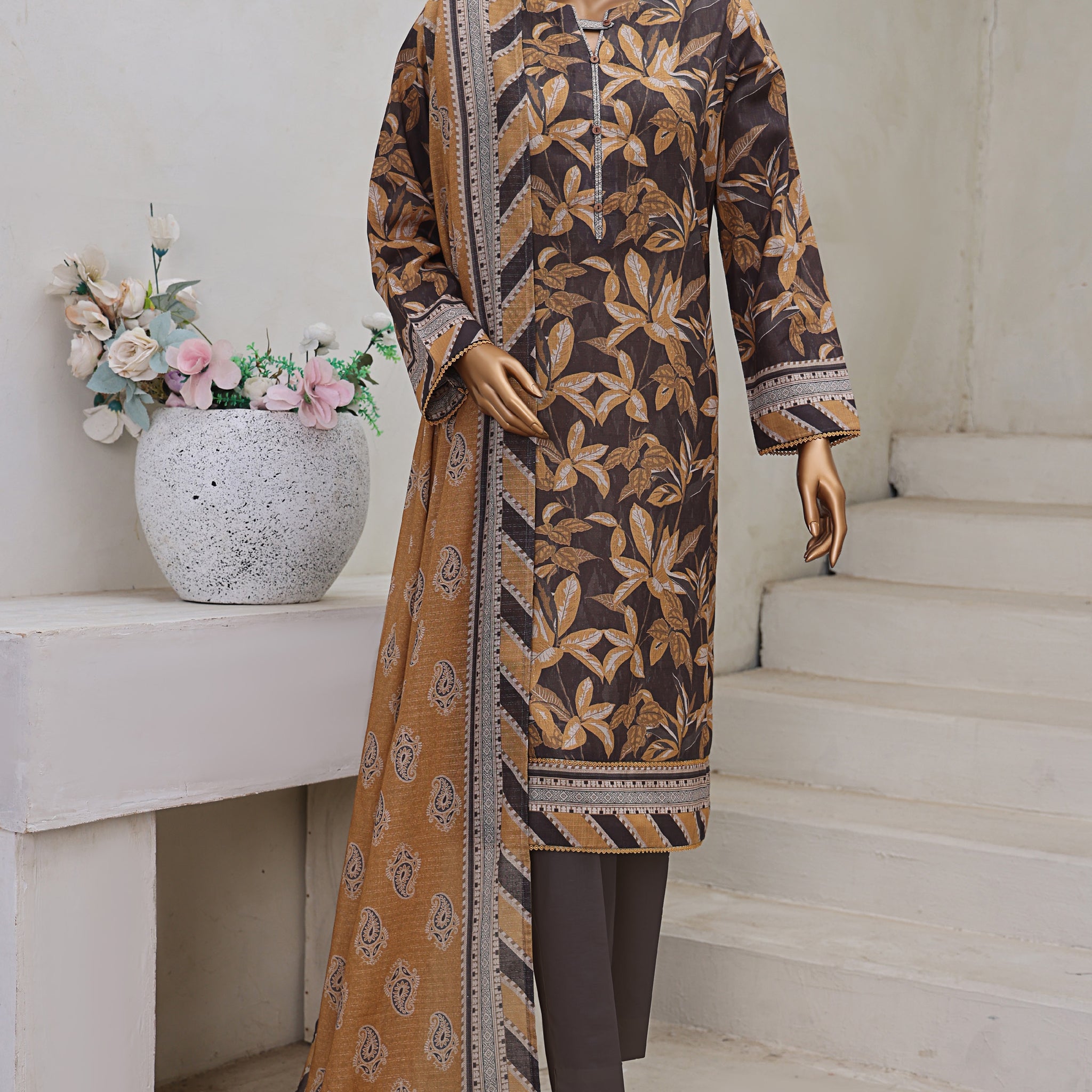 HZ Textile Unstitch Pre-winter Cross Slub with Cotton Printed Shirt Karandi lawn Printed Dupatta Collection 2025 D-09