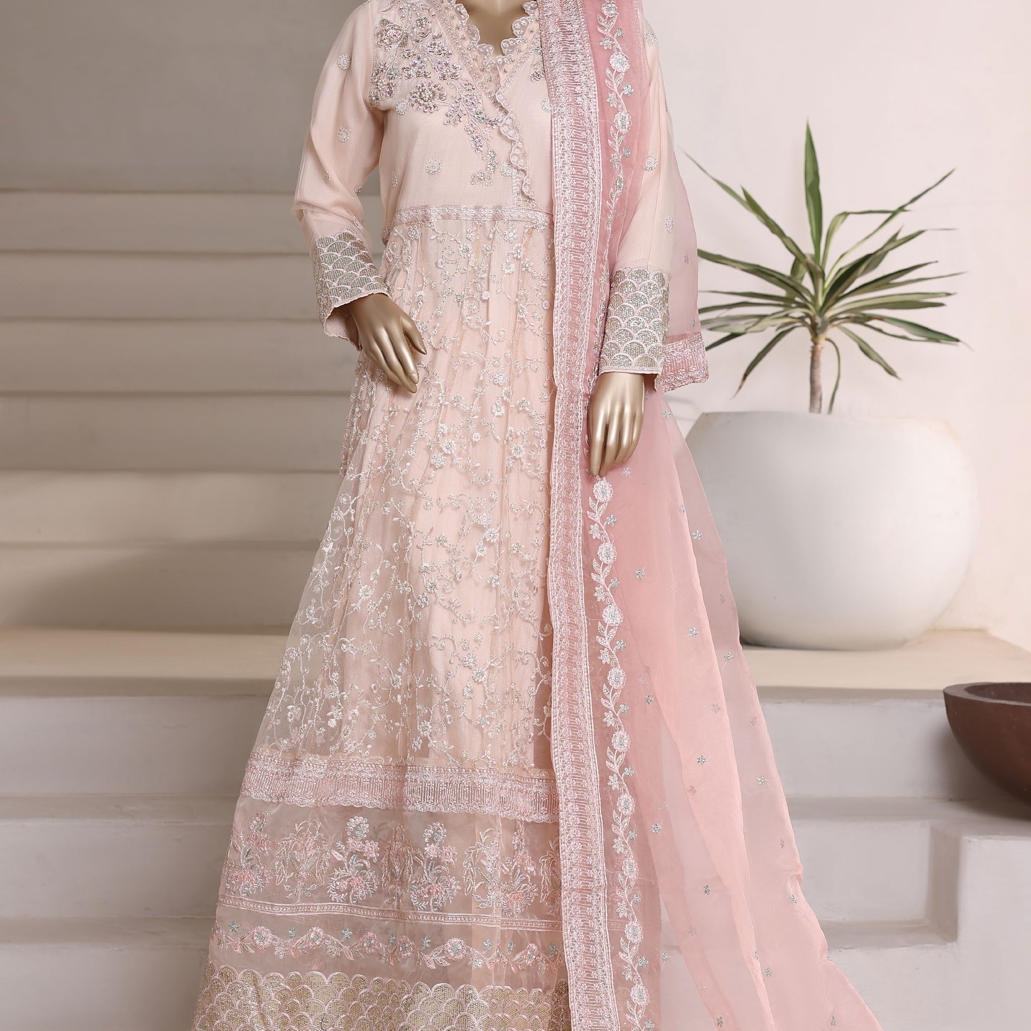 Mahpara By Sadabahar Embroidered Net Stitched 3 Piece Frock - D-02 - SB25MFF - Skin- Festive Collection