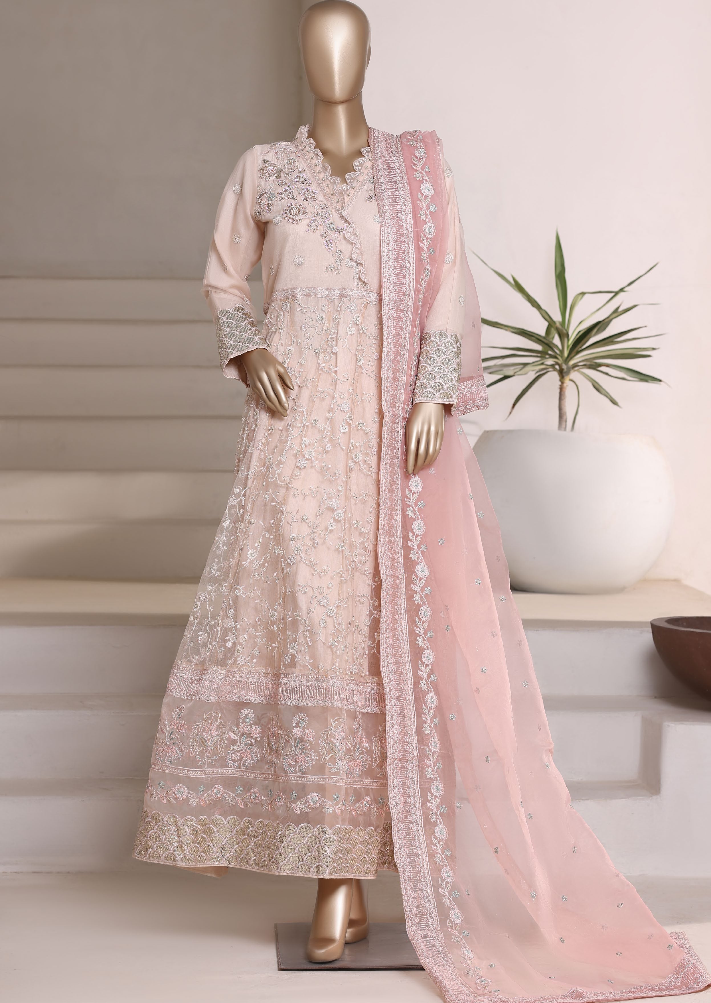 Mahpara By Sadabahar Embroidered Net Stitched 3 Piece Frock - D-02 - SB25MFF - Skin- Festive Collection