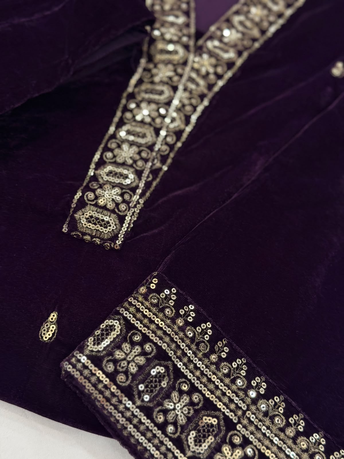 Ayesha Fabrics by Premium 11000 Micro Velvet Embroidered Shirt & Bell-Bottom Trouser Set D-01