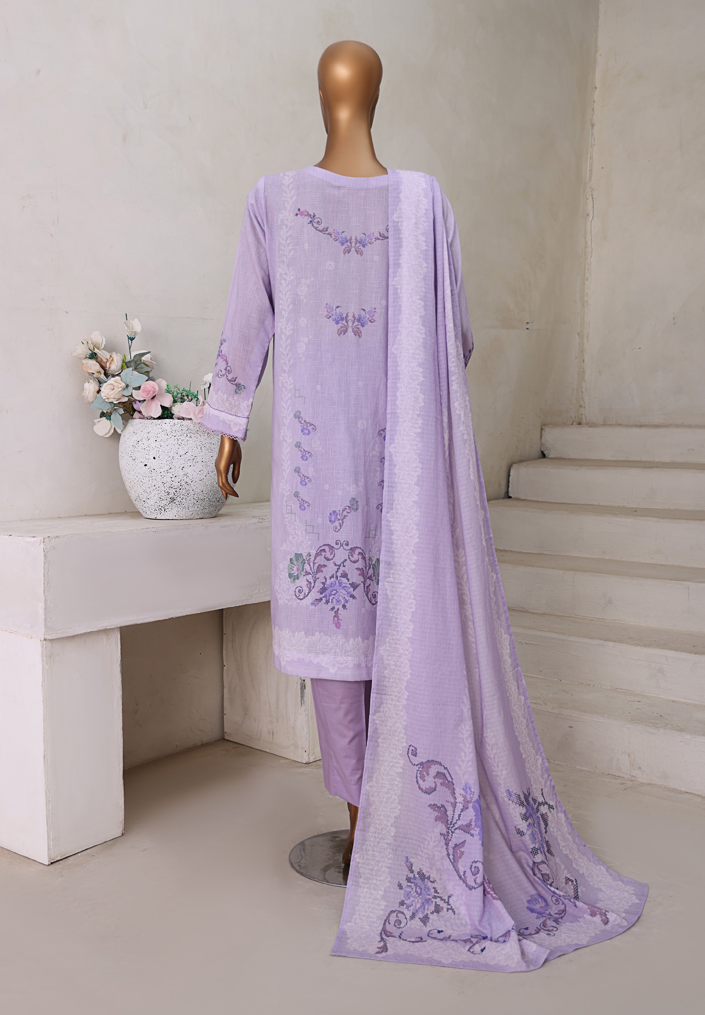 HZ Textile Unstitch Pre-winter Cross Slub with Cotton Printed Shirt Karandi lawn Printed Dupatta Collection 2025 D-01