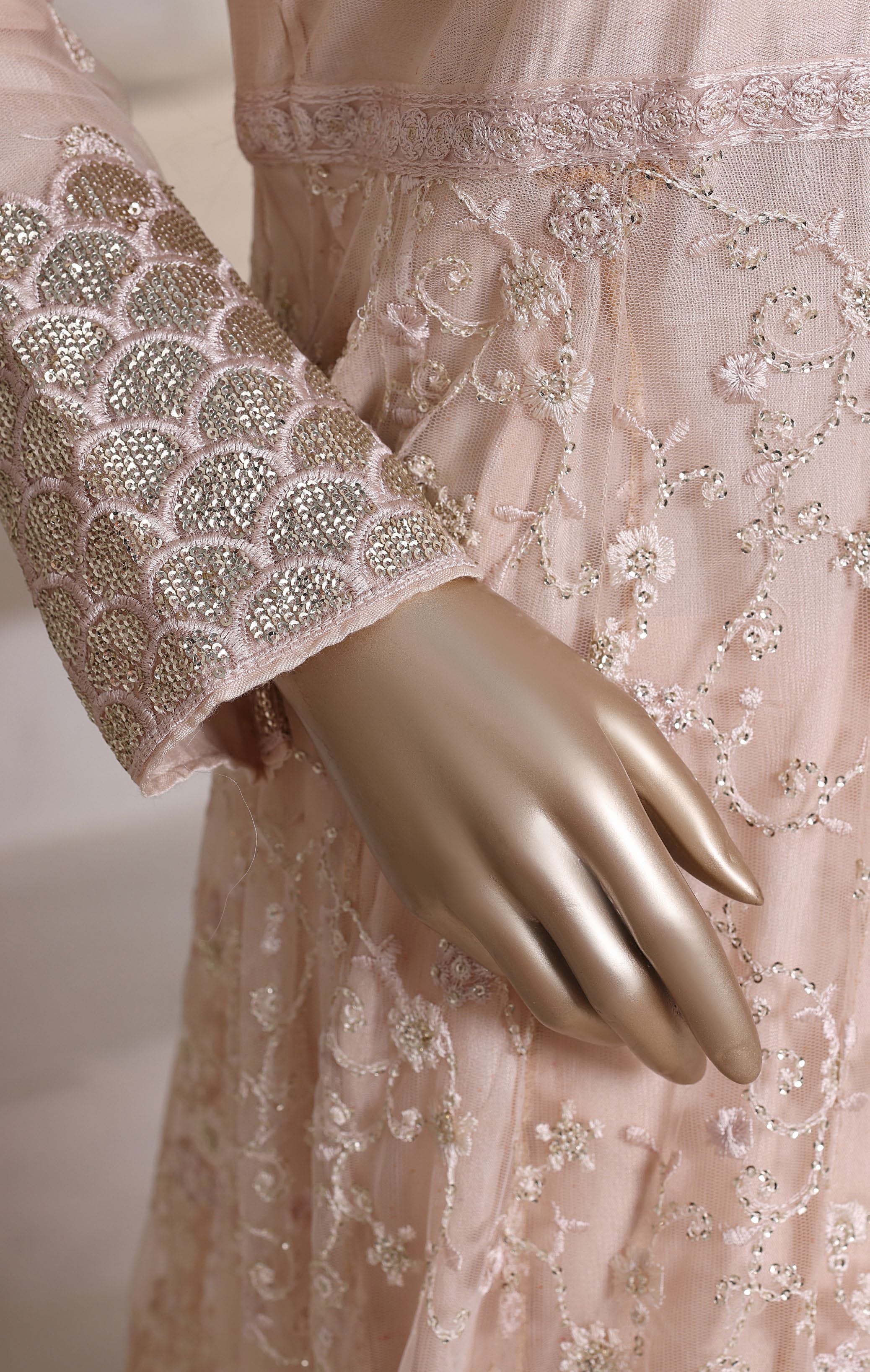 Mahpara By Sadabahar Embroidered Net Stitched 3 Piece Frock - D-02 - SB25MFF - Skin- Festive Collection