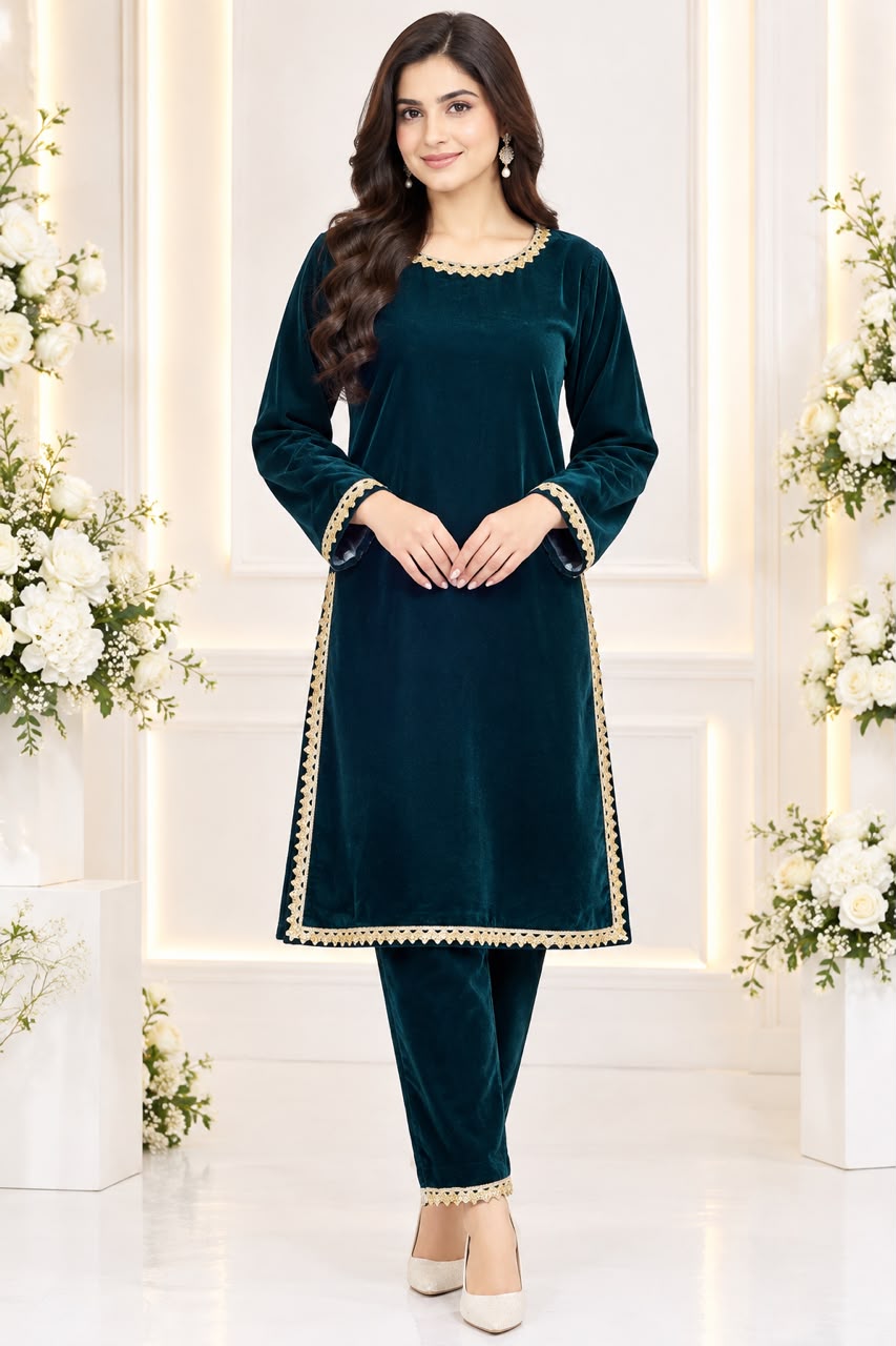 Ayesha Fabrics by Premium 11000 Micro Velvet Embroidered Shirt & Bell-Bottom Trouser Set D-07
