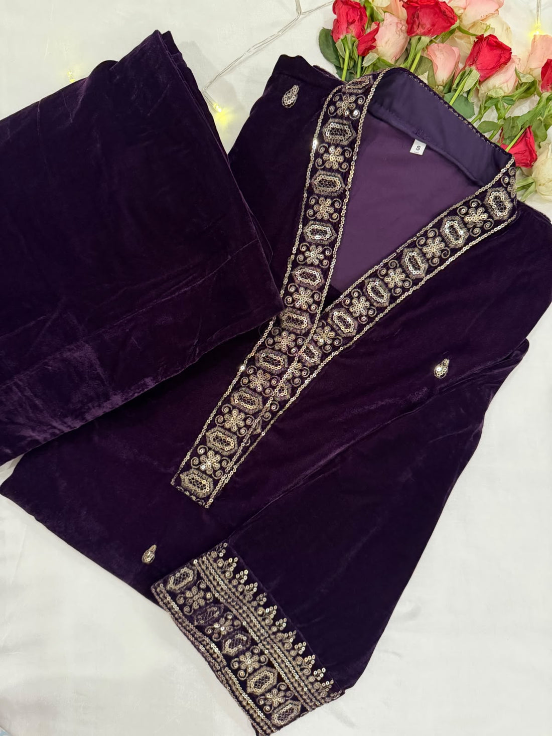 Ayesha Fabrics by Premium 11000 Micro Velvet Embroidered Shirt & Bell-Bottom Trouser Set D-01