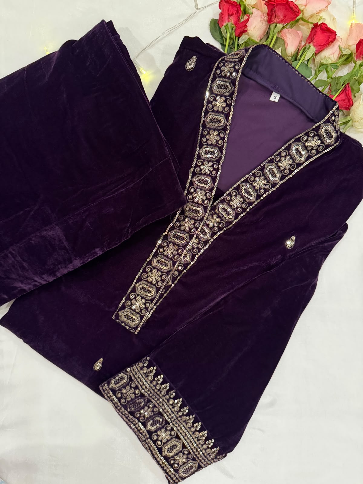 Ayesha Fabrics by Premium 11000 Micro Velvet Embroidered Shirt & Bell-Bottom Trouser Set D-01