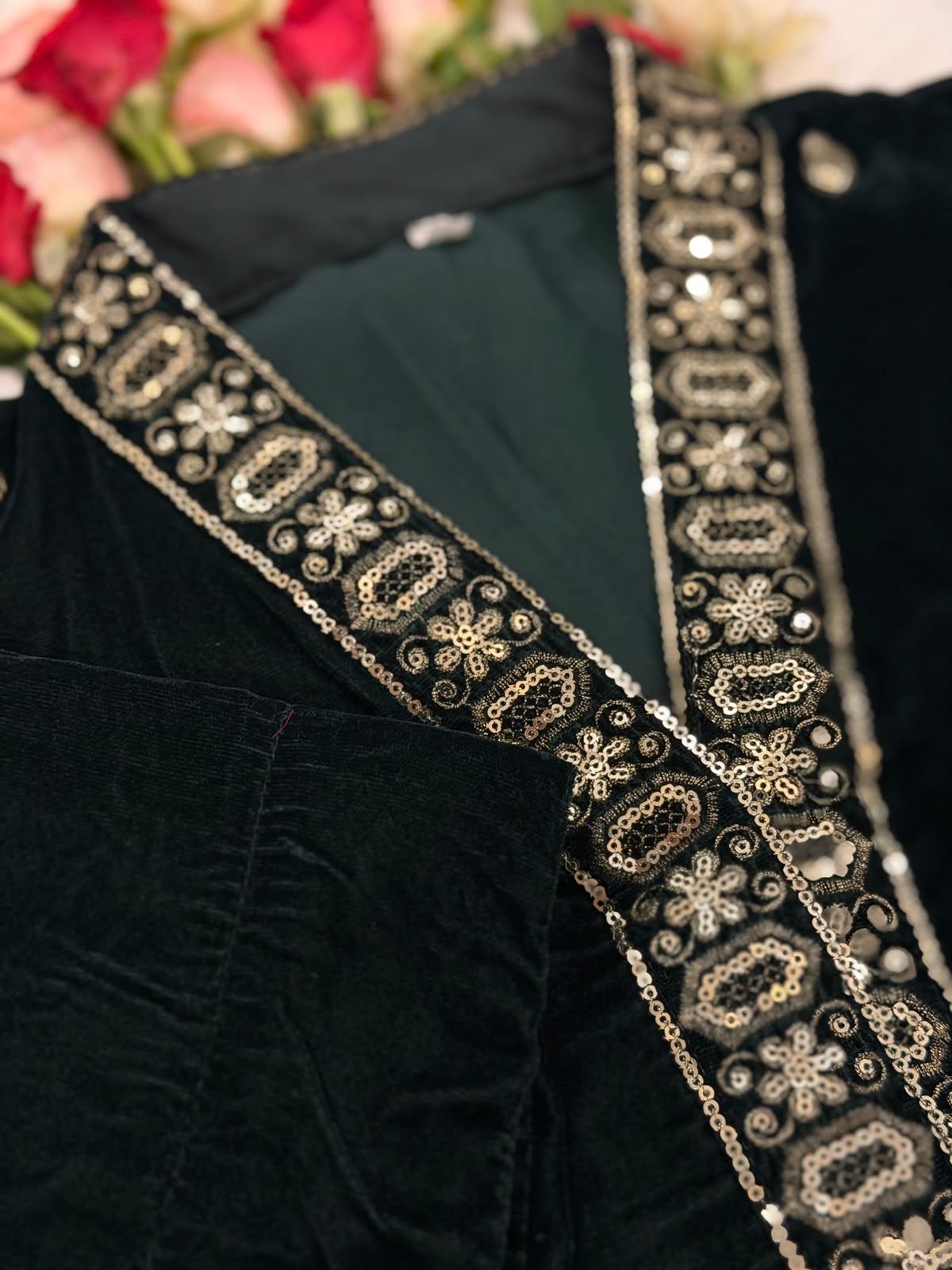Ayesha Fabrics by Premium 11000 Micro Velvet Embroidered Shirt & Bell-Bottom Trouser Set D-04