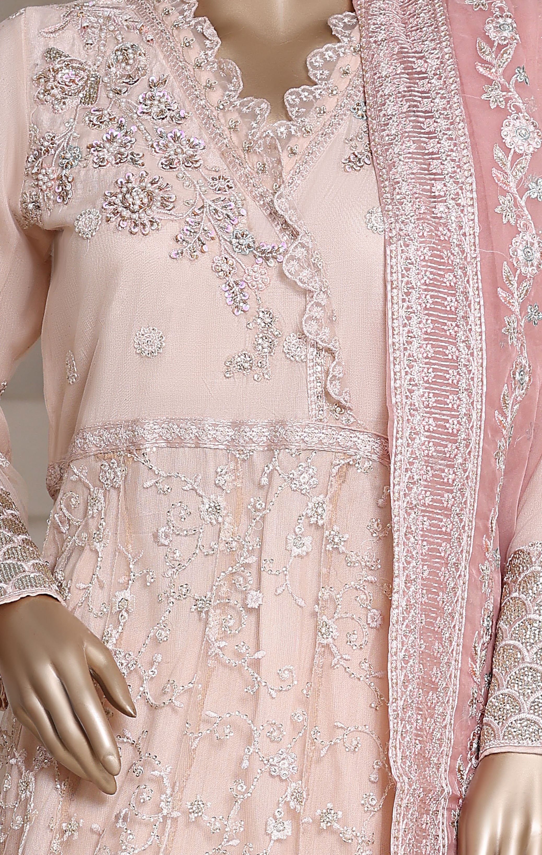 Mahpara By Sadabahar Embroidered Net Stitched 3 Piece Frock - D-02 - SB25MFF - Skin- Festive Collection