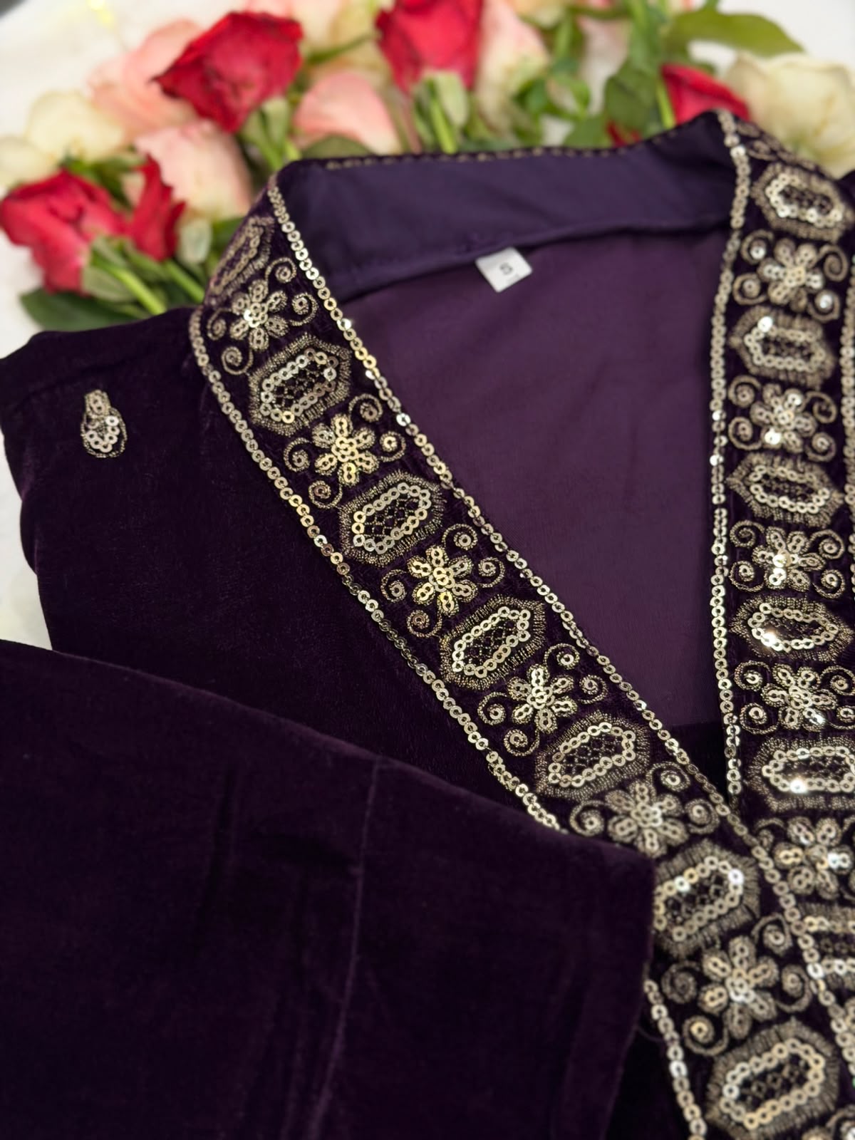 Ayesha Fabrics by Premium 11000 Micro Velvet Embroidered Shirt & Bell-Bottom Trouser Set D-01