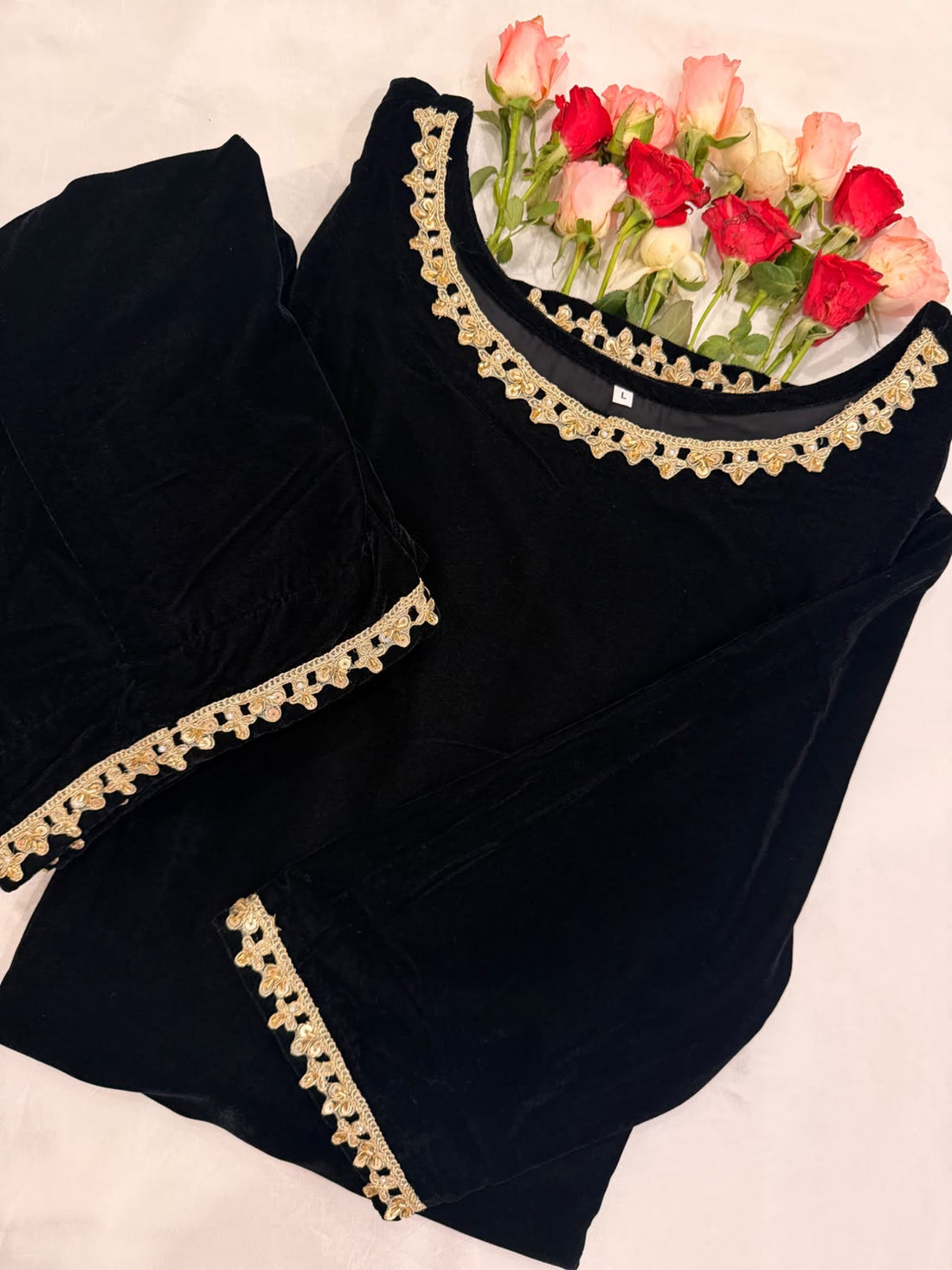 Ayesha Fabrics by Premium 11000 Micro Velvet Embroidered Shirt & Bell-Bottom Trouser Set D-06