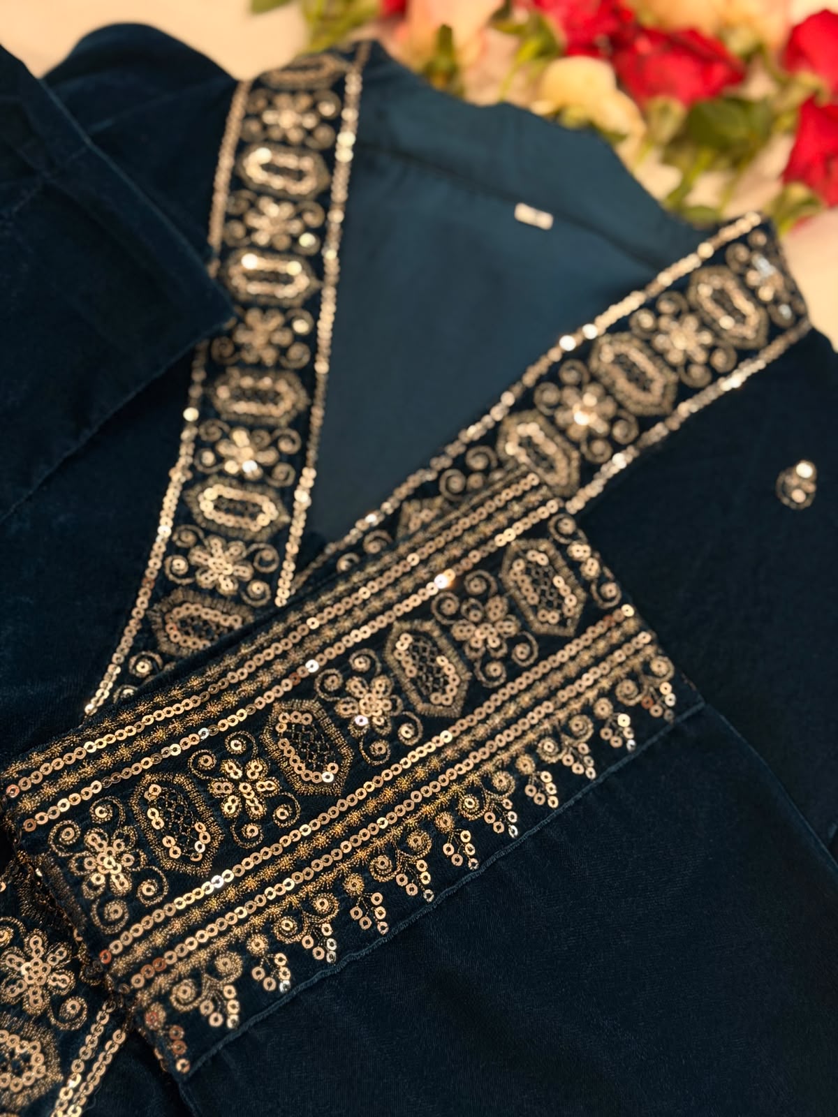 Ayesha Fabrics by Premium 11000 Micro Velvet Embroidered Shirt & Bell-Bottom Trouser Set D-02