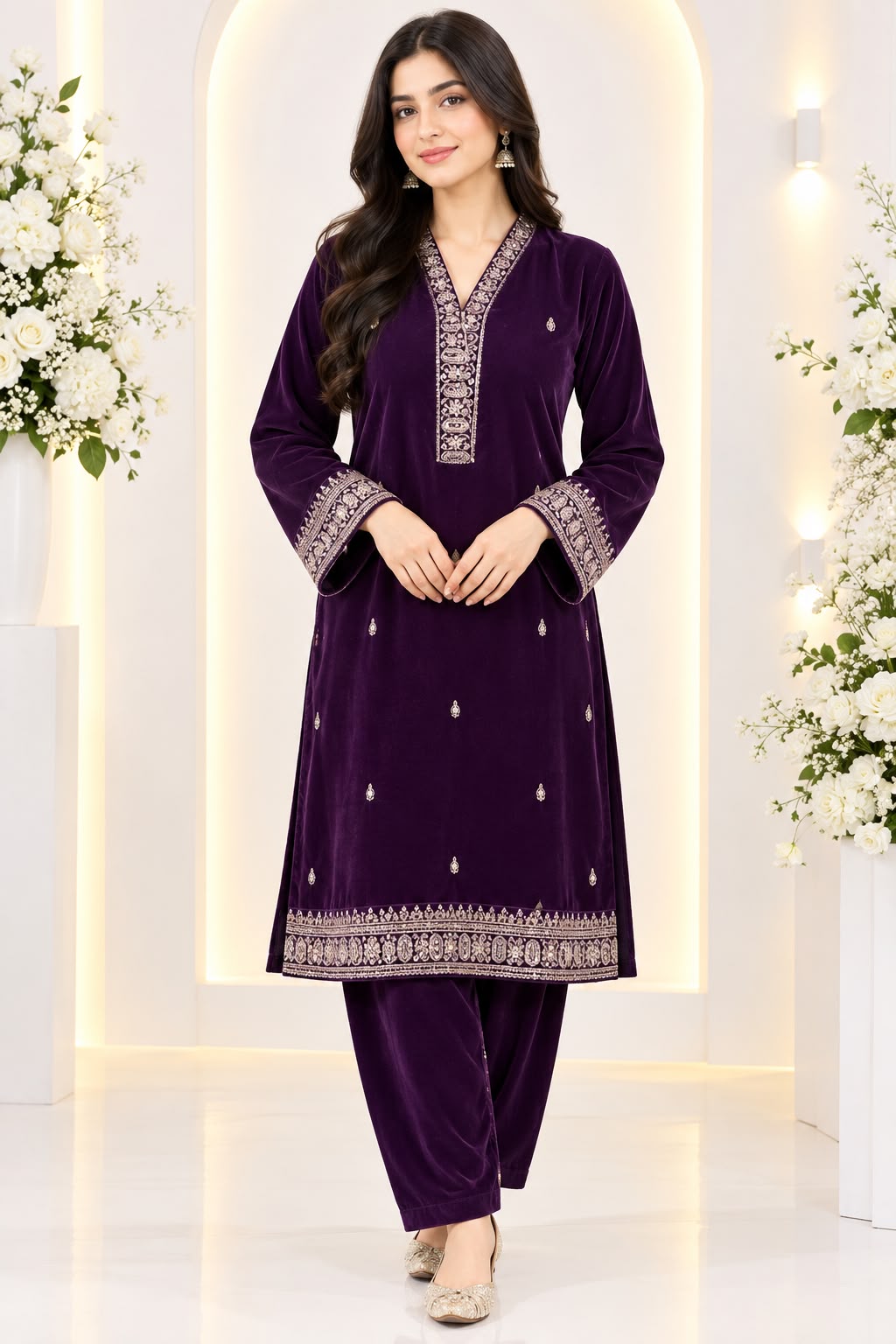 Ayesha Fabrics by Premium 11000 Micro Velvet Embroidered Shirt & Bell-Bottom Trouser Set D-01