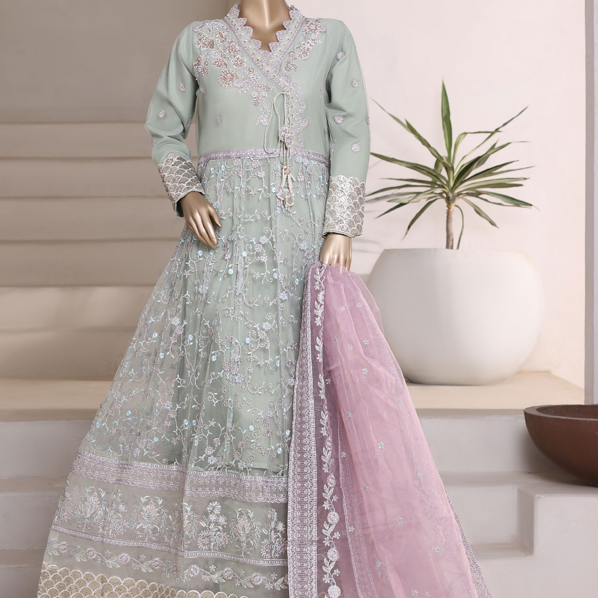 Mahpara By Sadabahar Embroidered Net Stitched 3 Piece Frock - D-01 - SB25MFF - Green - Festive Collection