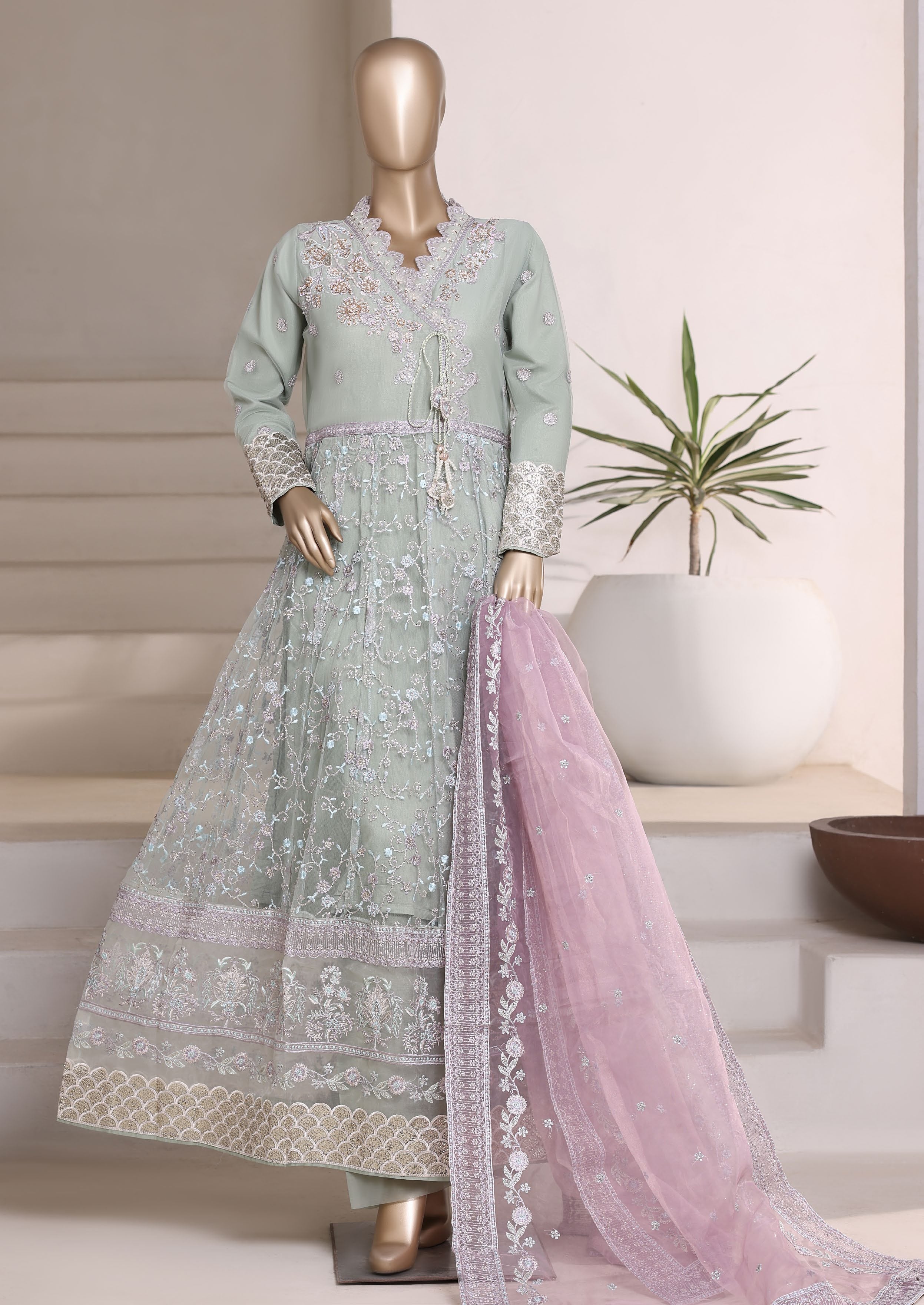 Mahpara By Sadabahar Embroidered Net Stitched 3 Piece Frock - D-01 - SB25MFF - Green - Festive Collection