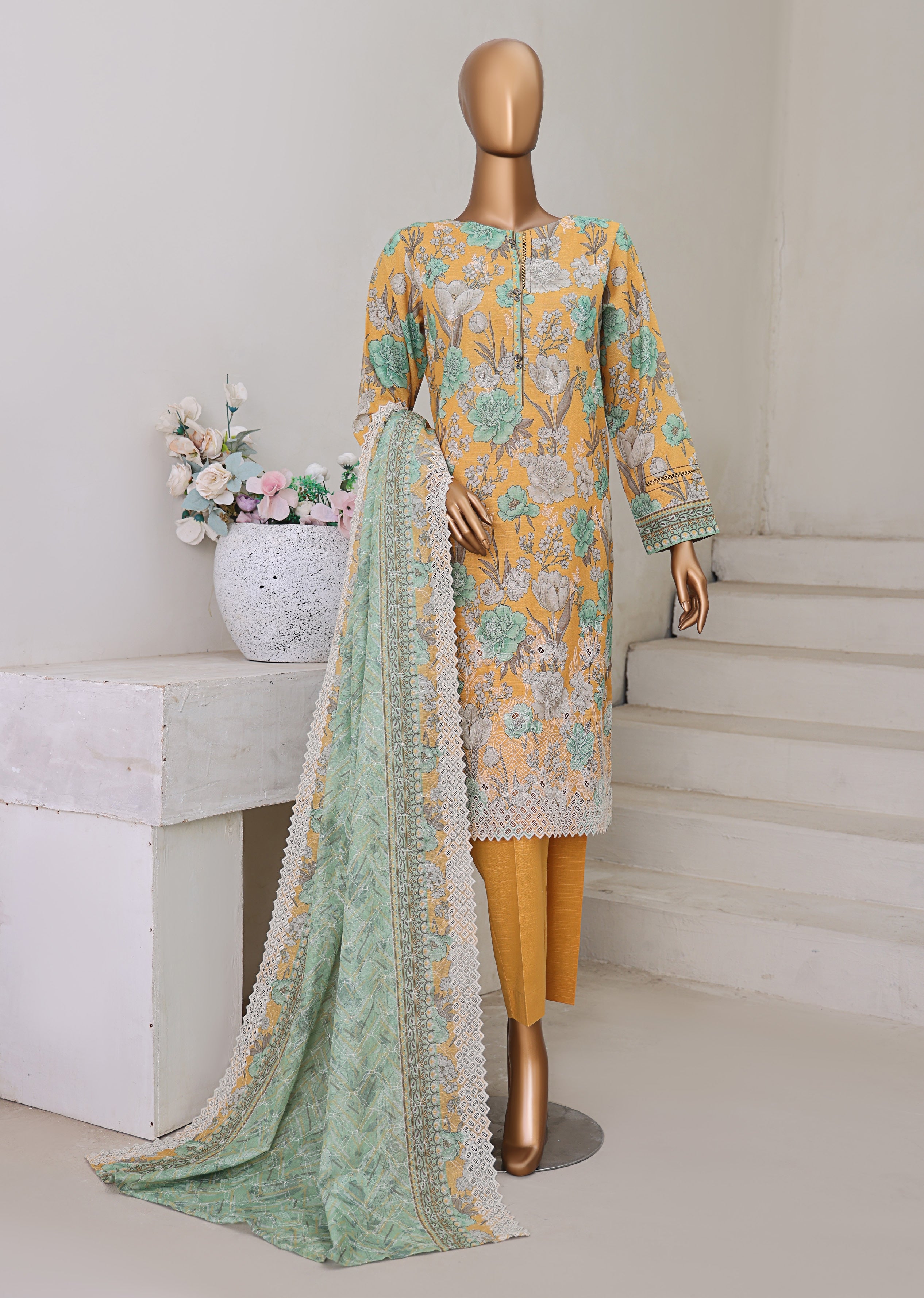HZ Textile UNSTITCH Khadder Embroidered Chikankari With Émbroidered Khadder Dupatta 3Piece Unstitched Collection _2025 D-02