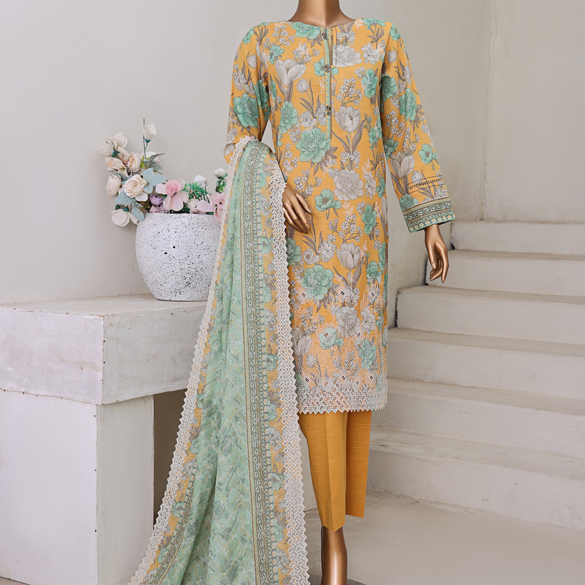 HZ Textile UNSTITCH Khadder Embroidered Chikankari With Embroidered Khadder Dupatta 3Piece Unstitched Collection _2025 D-02