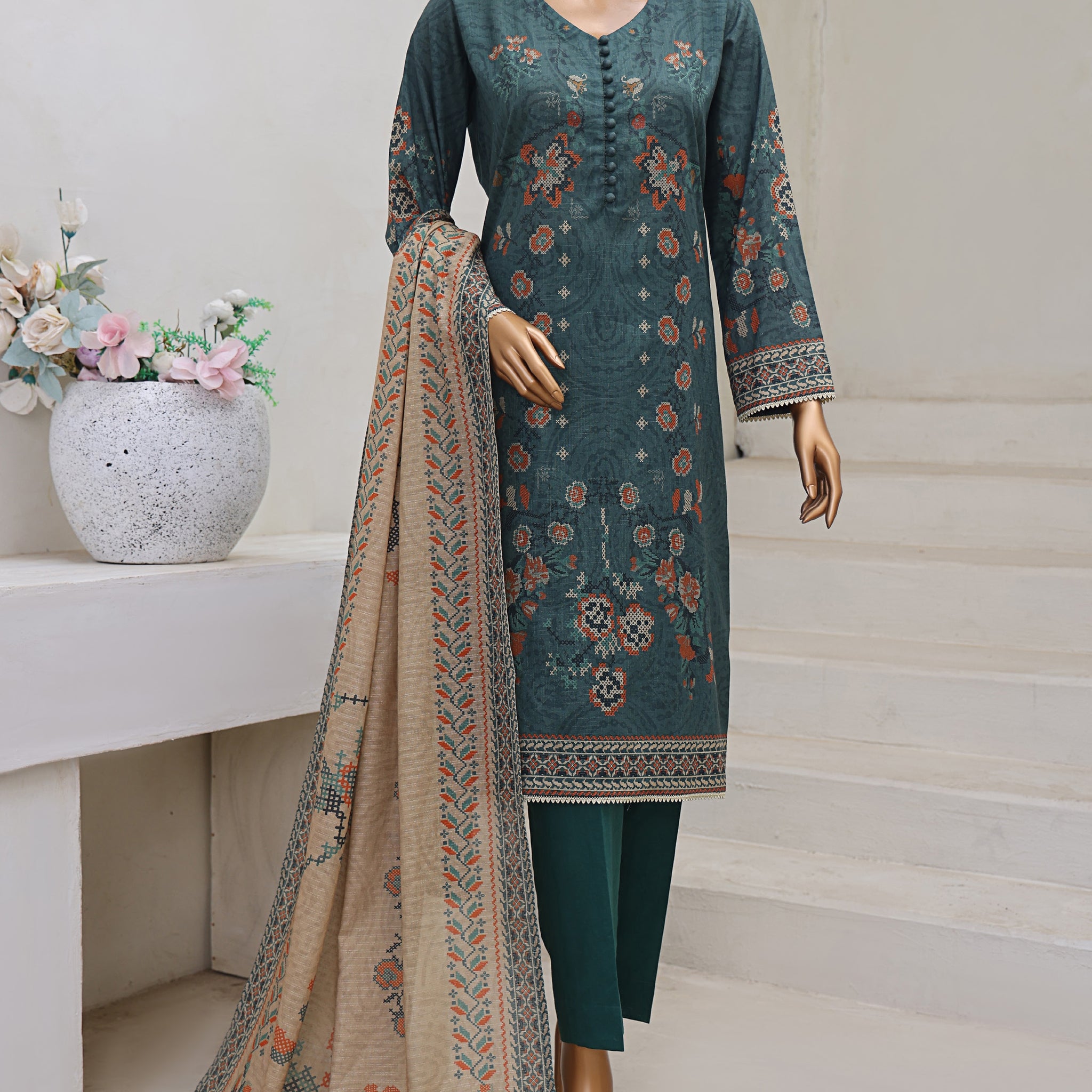 HZ Textile Unstitch Pre-winter Cross Slub with Cotton Printed Shirt Karandi lawn Printed Dupatta Collection 2025 D-02