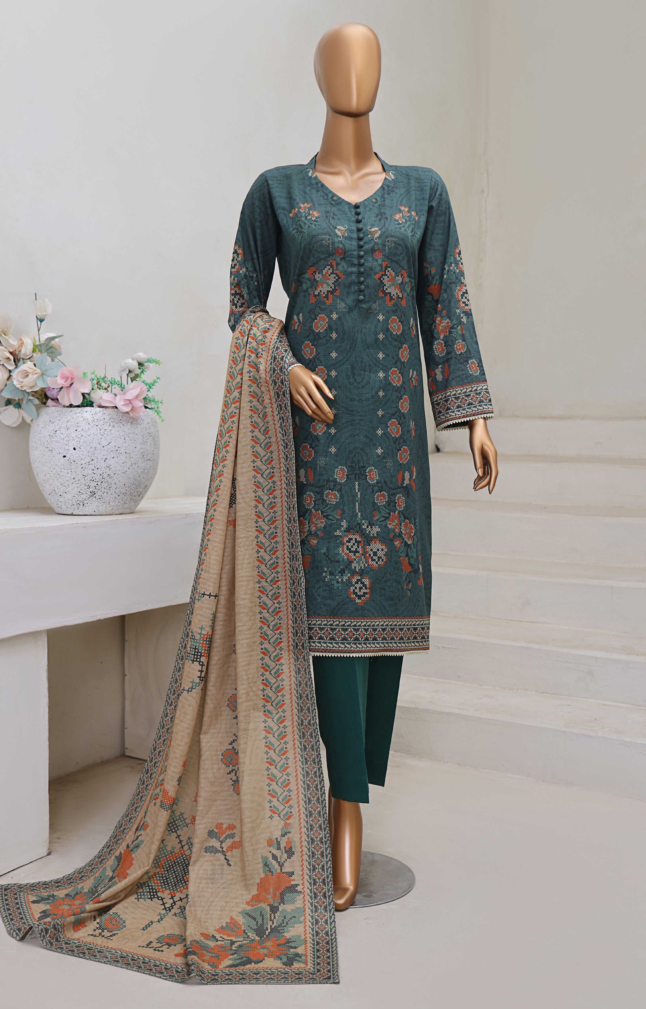 HZ Textile Unstitch Pre-winter Cross Slub with Cotton Printed Shirt Karandi lawn Printed Dupatta Collection 2025 D-02