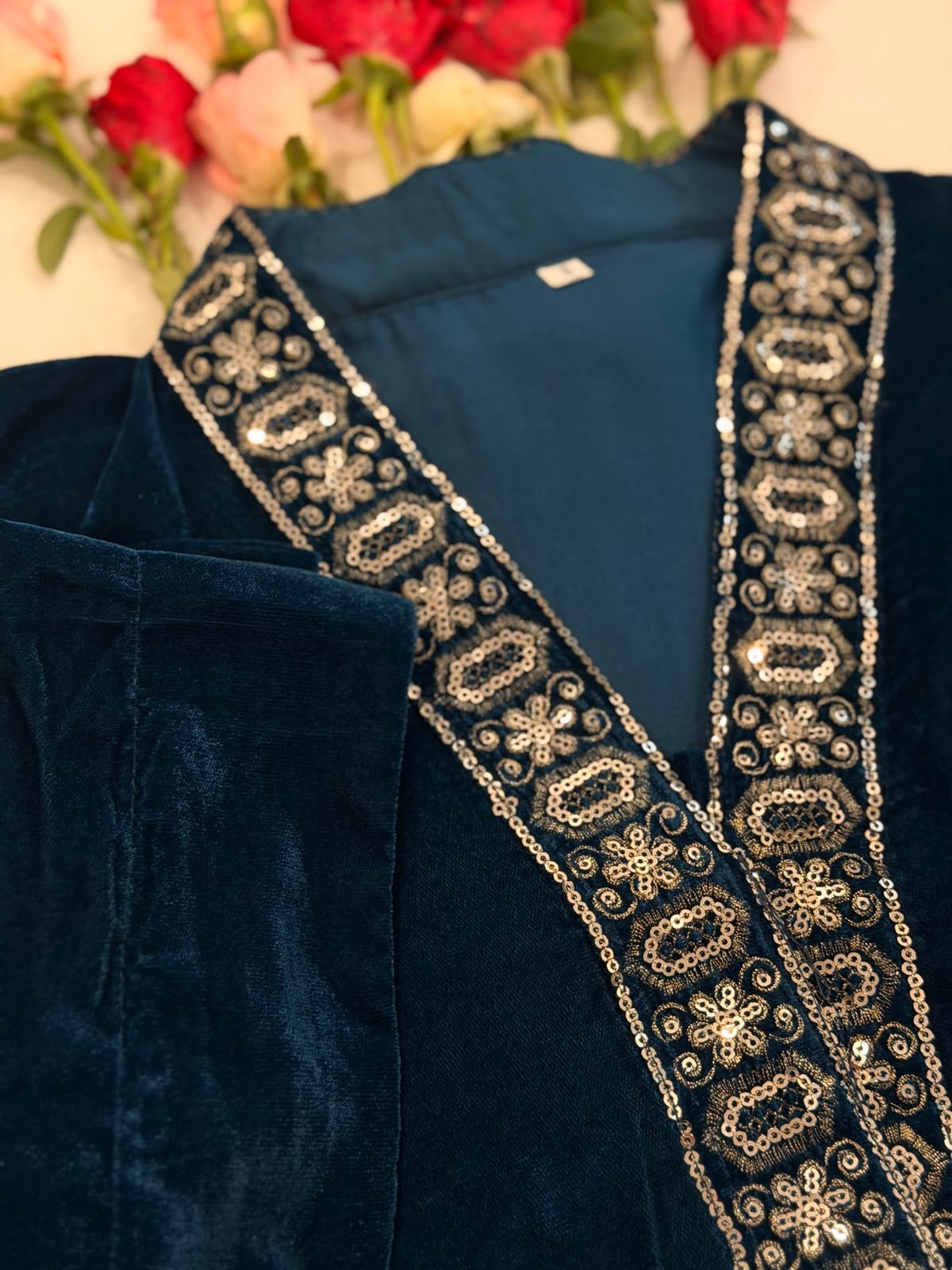 Ayesha Fabrics by Premium 11000 Micro Velvet Embroidered Shirt & Bell-Bottom Trouser Set D-02