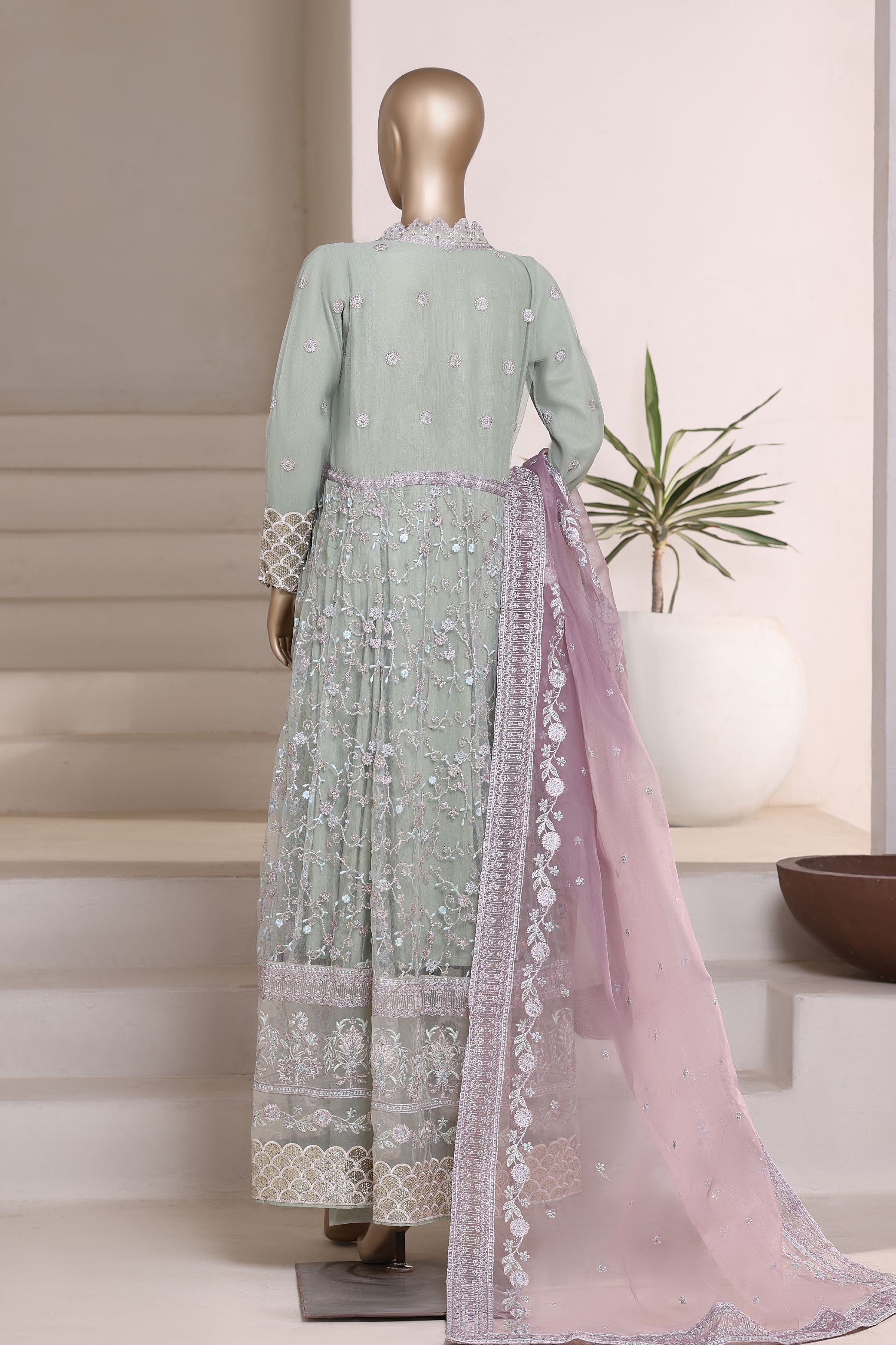 Mahpara By Sadabahar Embroidered Net Stitched 3 Piece Frock - D-01 - SB25MFF - Green - Festive Collection