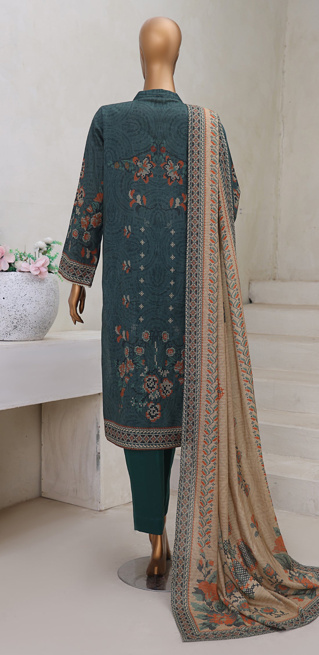 HZ Textile Unstitch Pre-winter Cross Slub with Cotton Printed Shirt Karandi lawn Printed Dupatta Collection 2025 D-02