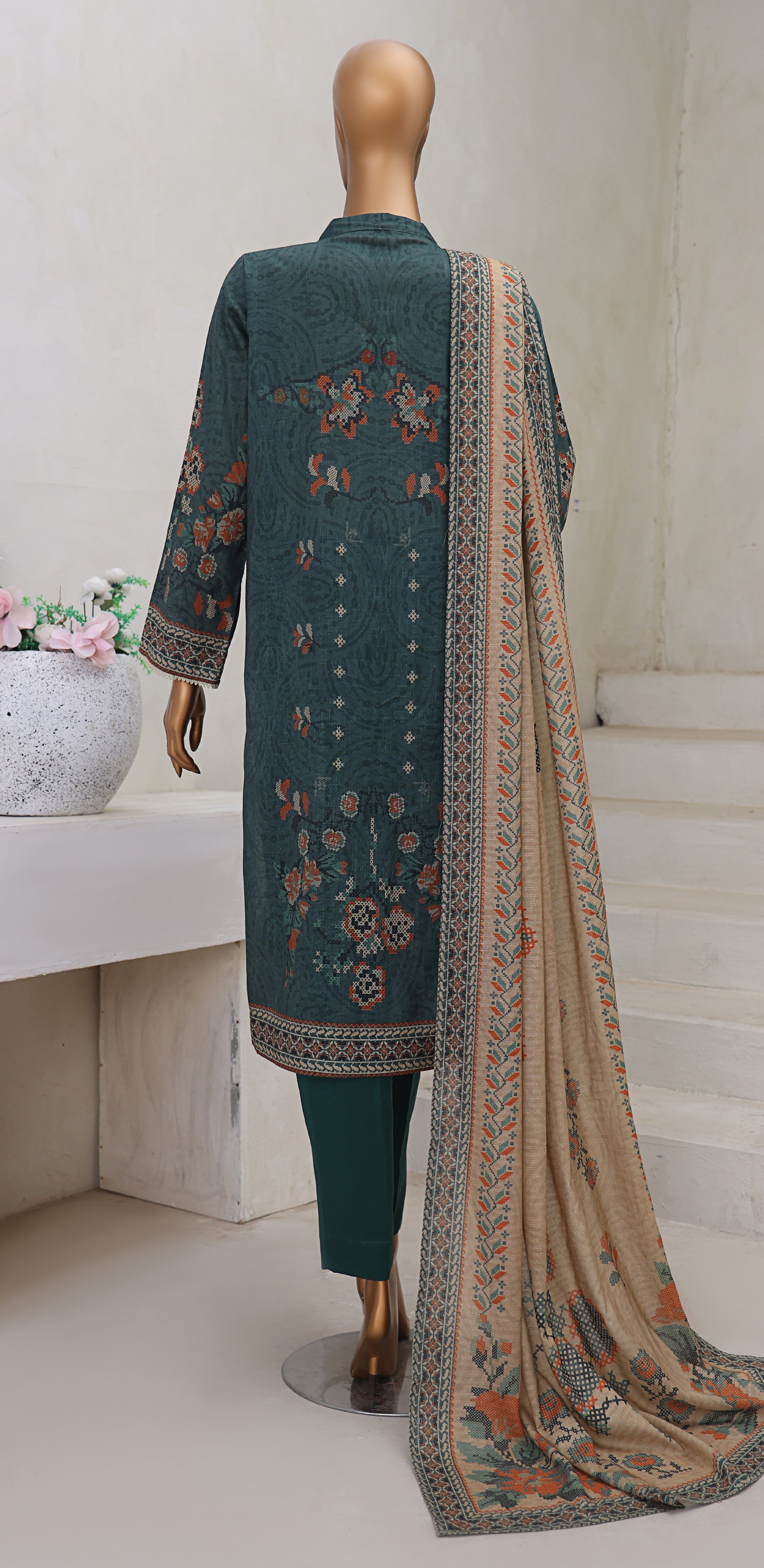 HZ Textile Unstitch Pre-winter Cross Slub with Cotton Printed Shirt Karandi lawn Printed Dupatta Collection 2025 D-02