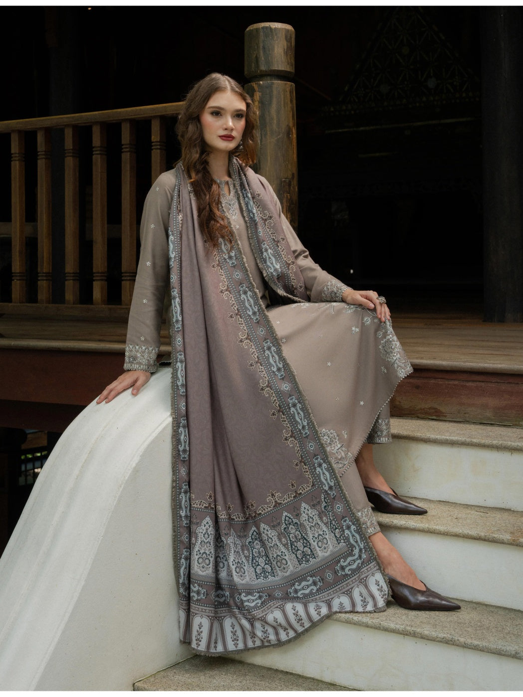 Allys by Kashmere Embroidered Wool Taupe Unstitched 3-Piece Suit Collection D-AL-1329
